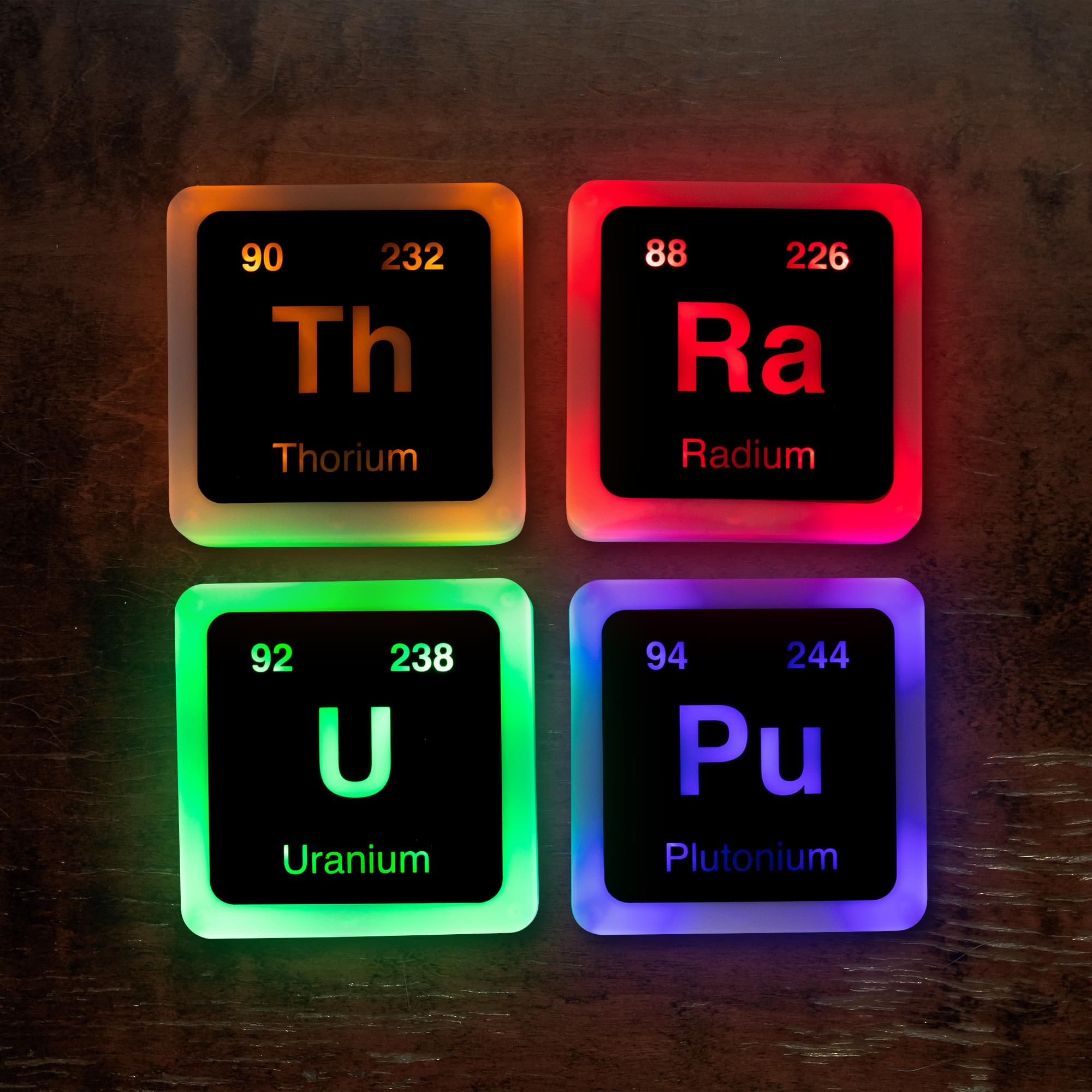 Radioactive Elements Periodic Table Glowing Light-Up Drink Coasters | Set of 4