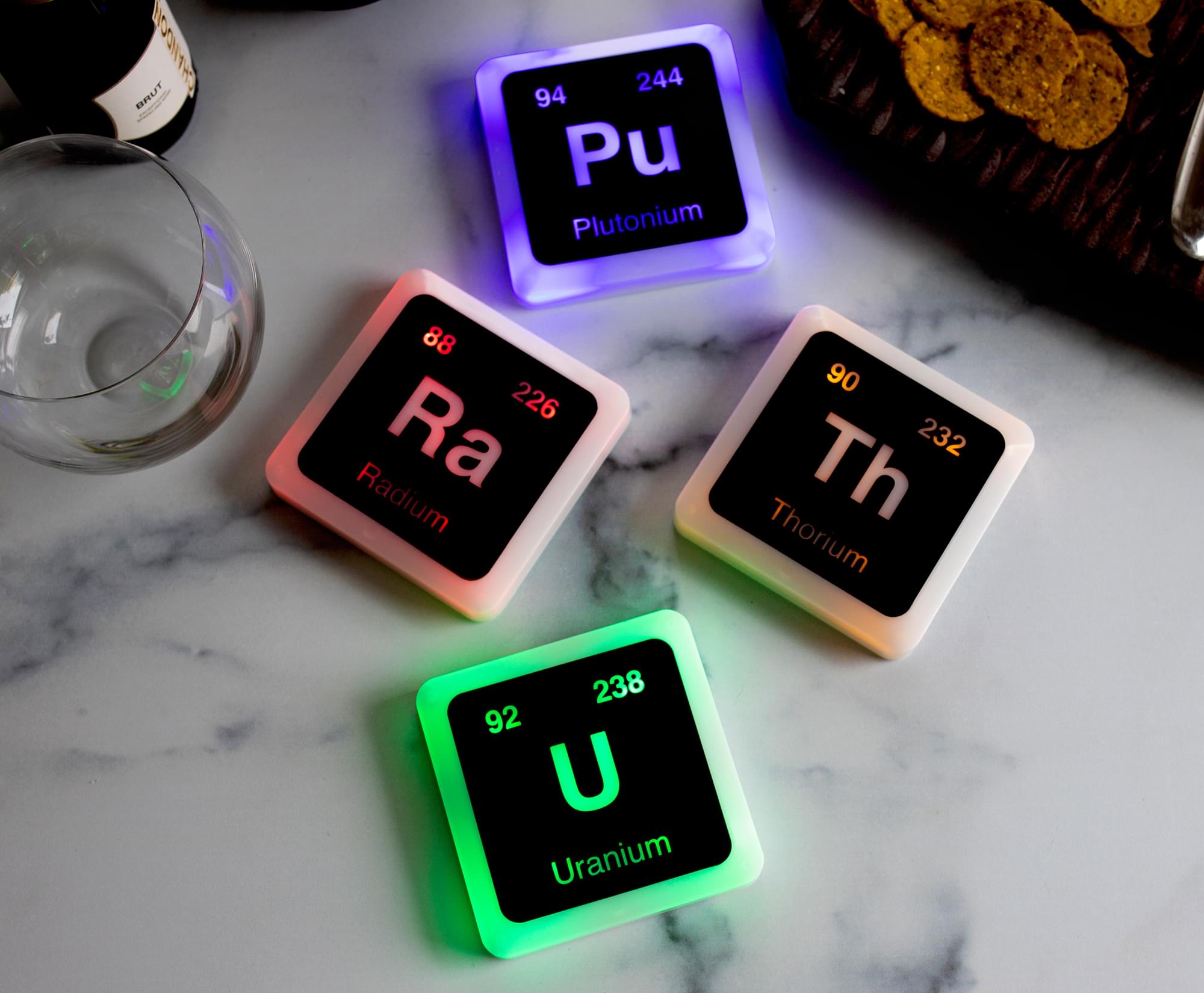 Radioactive Elements Periodic Table Glowing Light-Up Drink Coasters | Set of 4