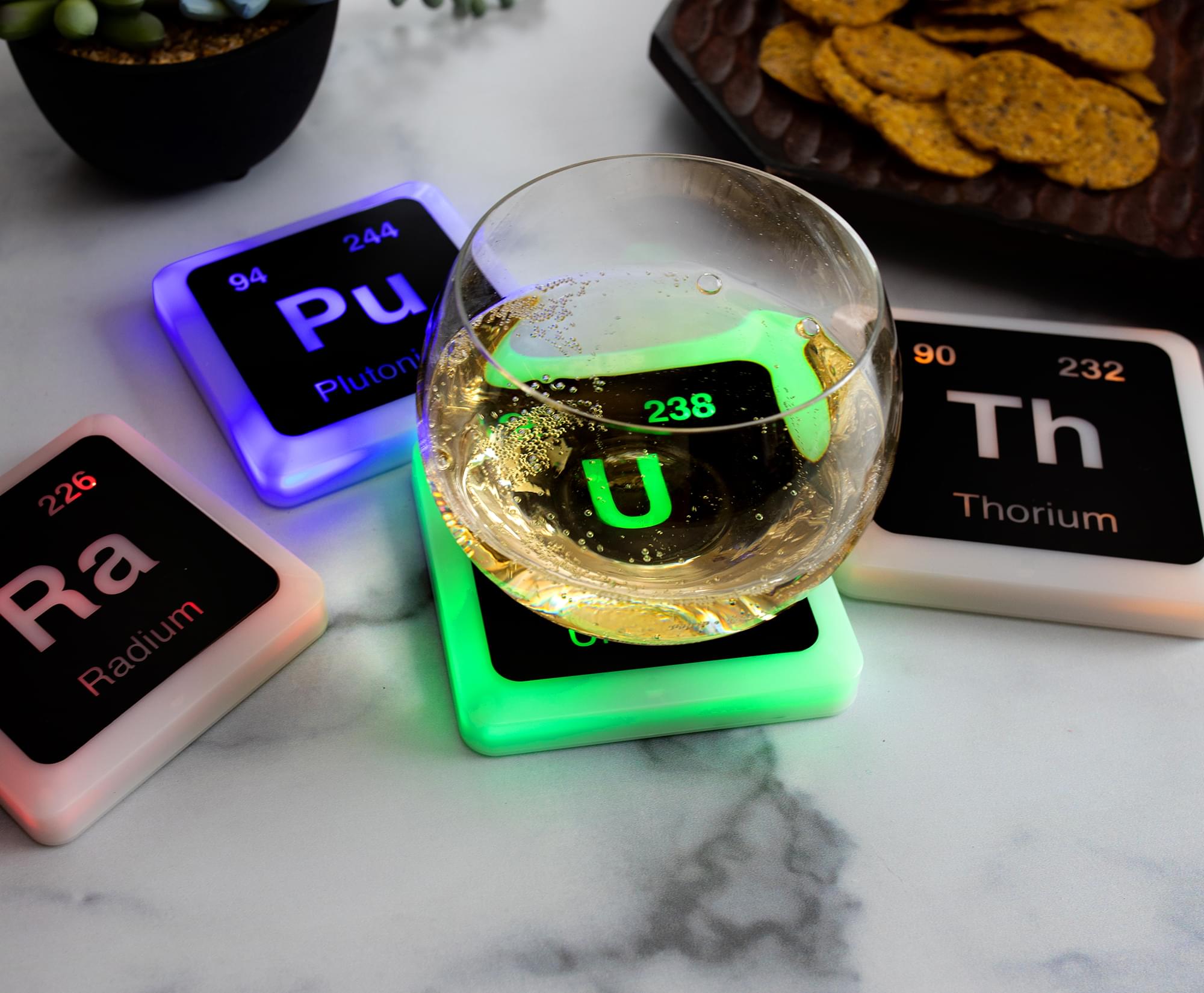 Radioactive Elements Periodic Table Glowing Light-Up Drink Coasters | Set of 4