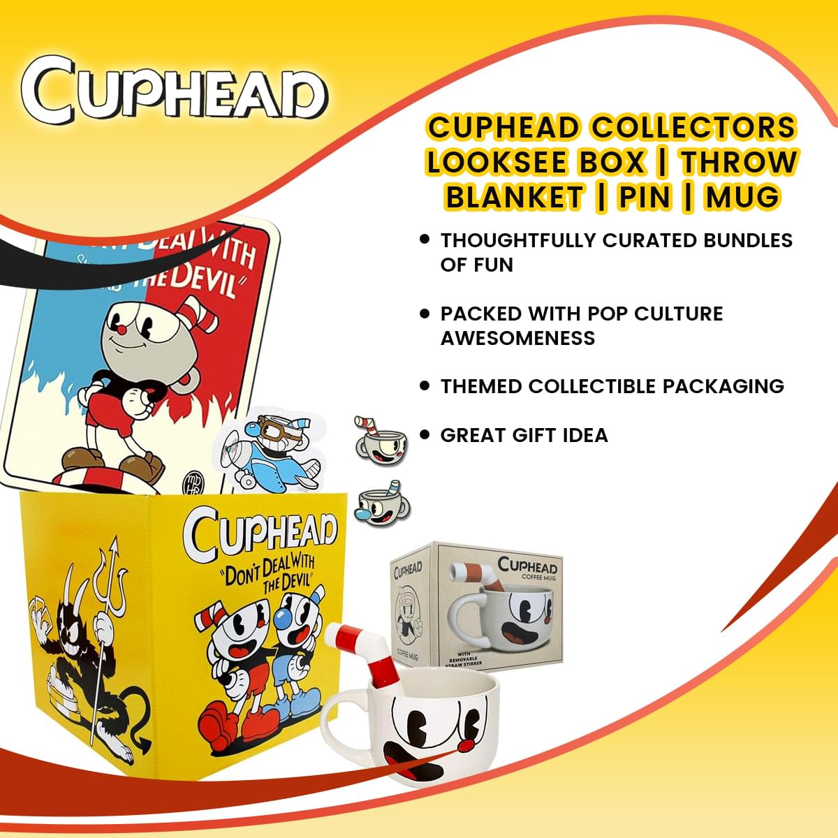 Cuphead Collectors LookSee Box | Throw Blanket | Pin | Mug
