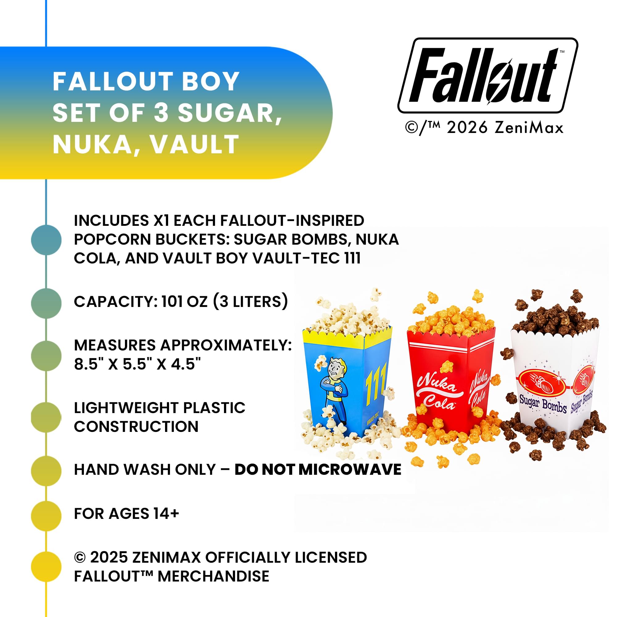Fallout Popcorn Bucket Set of 3 | Nuka-Cola, Vault Boy, Sugar Bombs