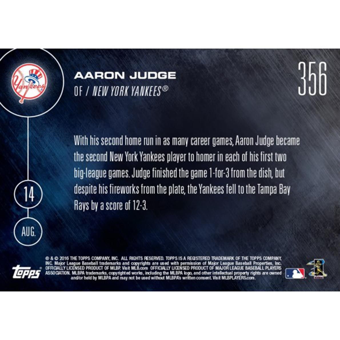 Topps NOW NY Yankees Aaron Judge Call-Up MLB Card 356 Trading Card