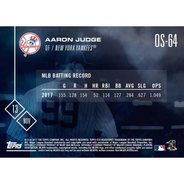 NY Yankees 2017 AL Rookie of the Year Aaron Judge (RC) MLB Topps NOW Card