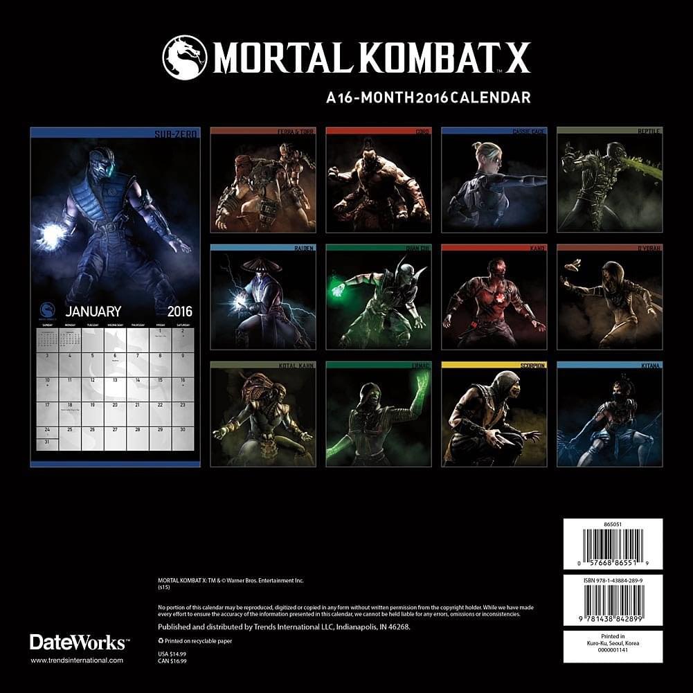 Mortal Kombat X 2016 Wall Calendar