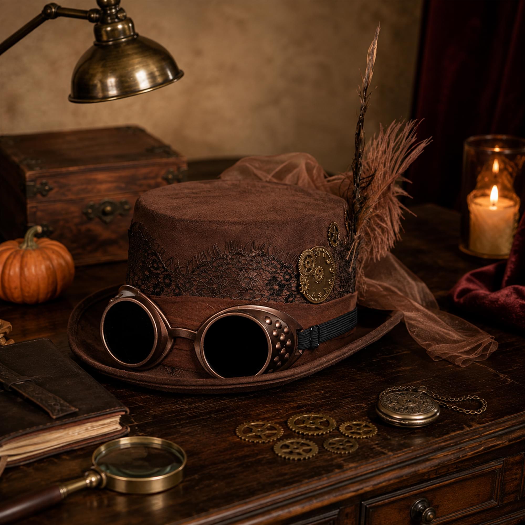 Brown Faux Suede Hat With Goggles Costume Accessory | One Size