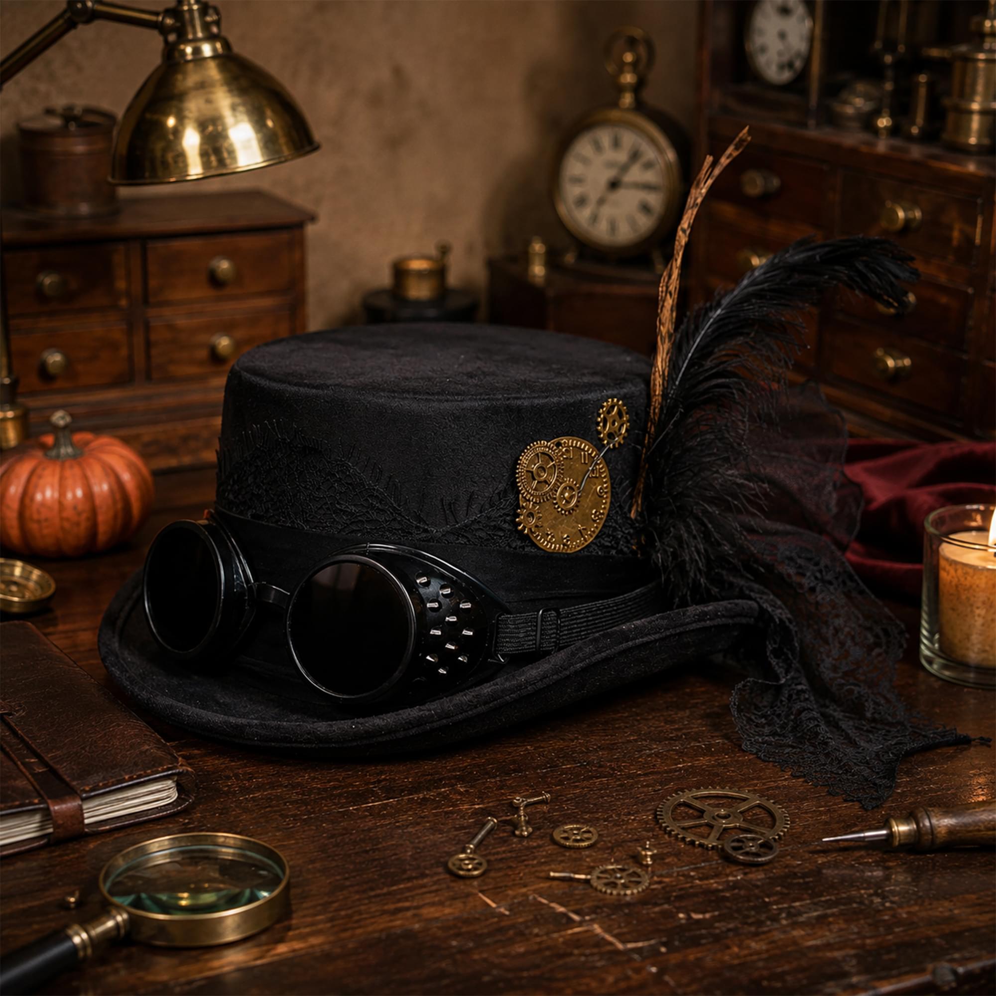 Black Faux Suede Hat With Goggles Costume Accessory | One Size