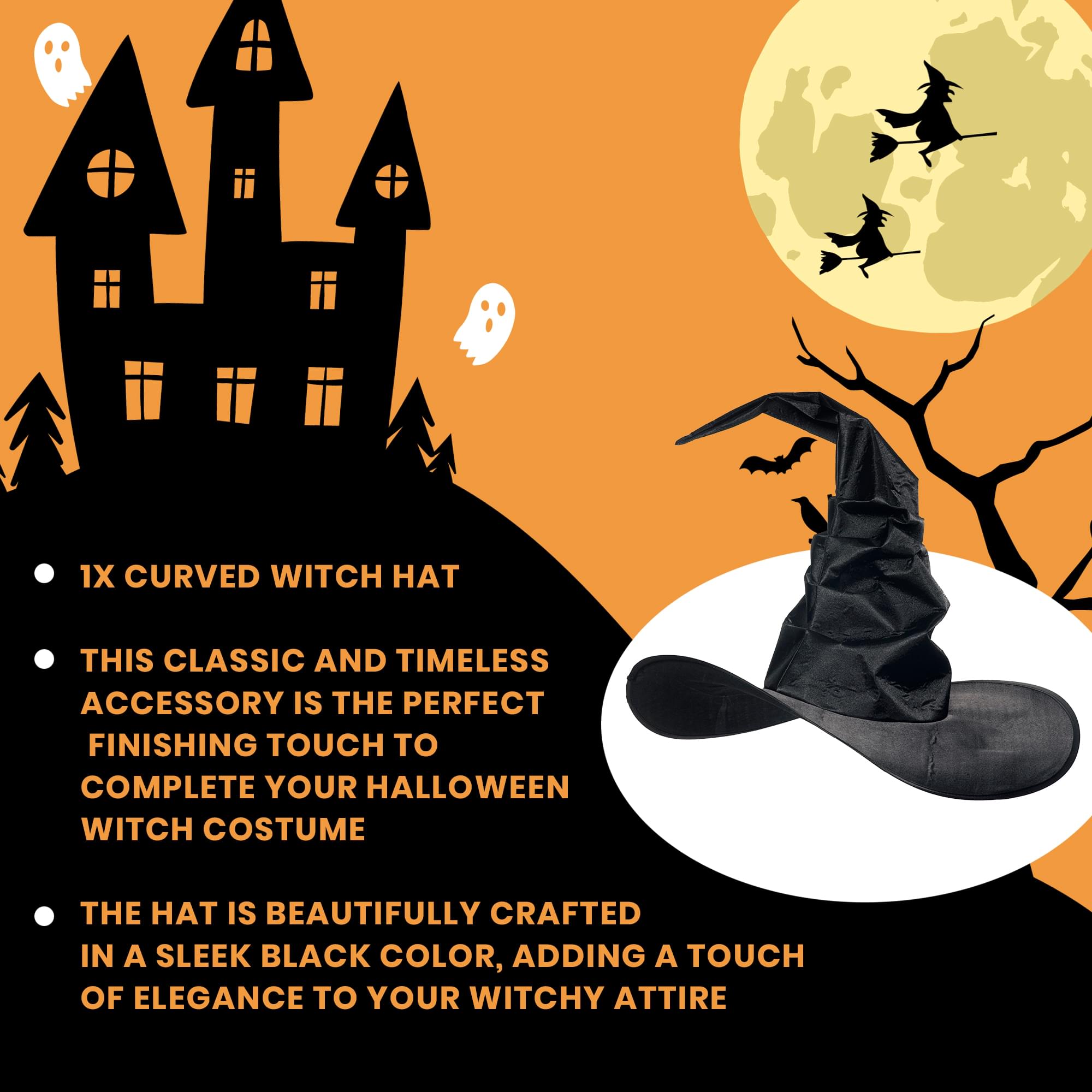 Curved Witch Hat Adult Costume Accessory | Black