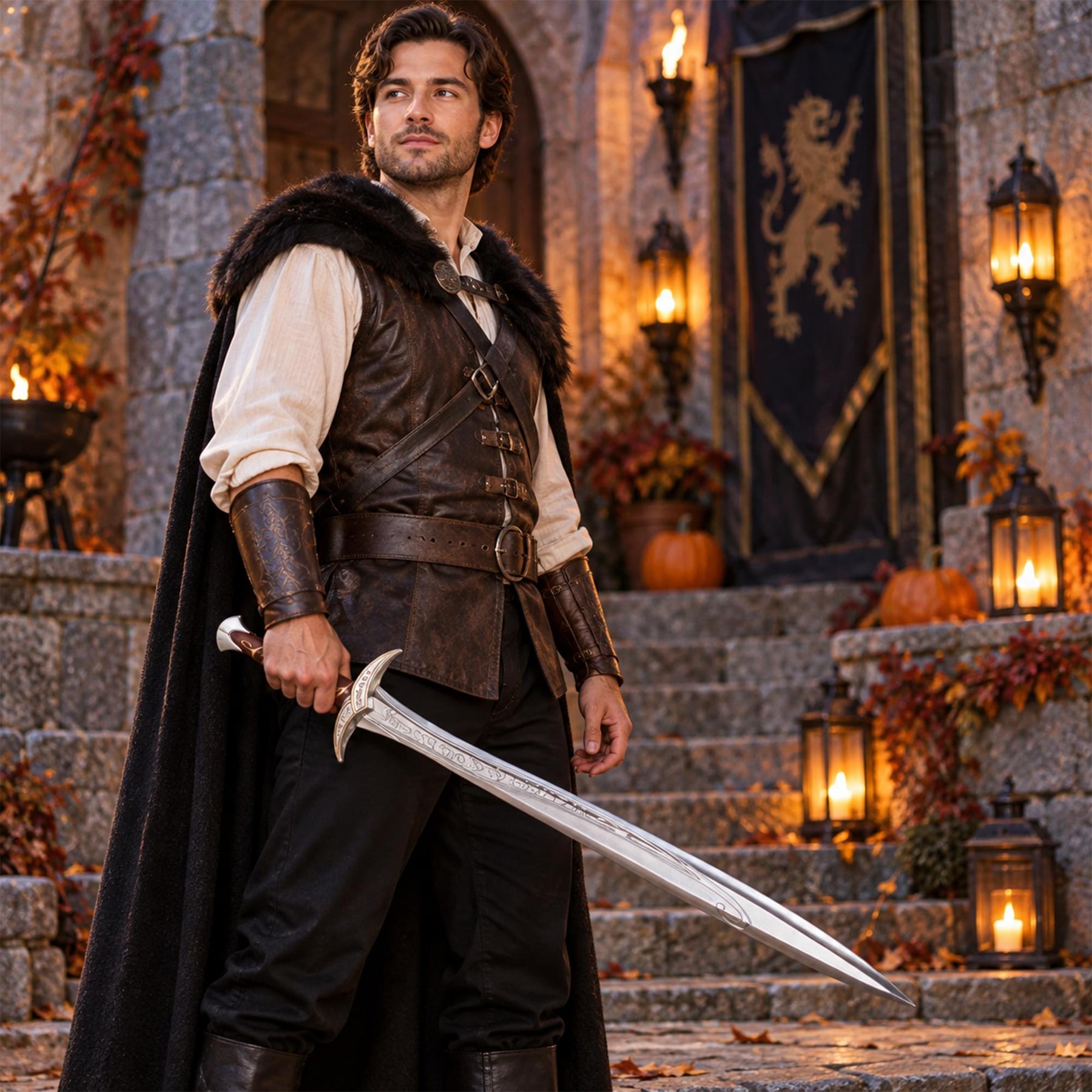 Silver Curved Foam Sword with Brown Handle Adult Costume Accessory