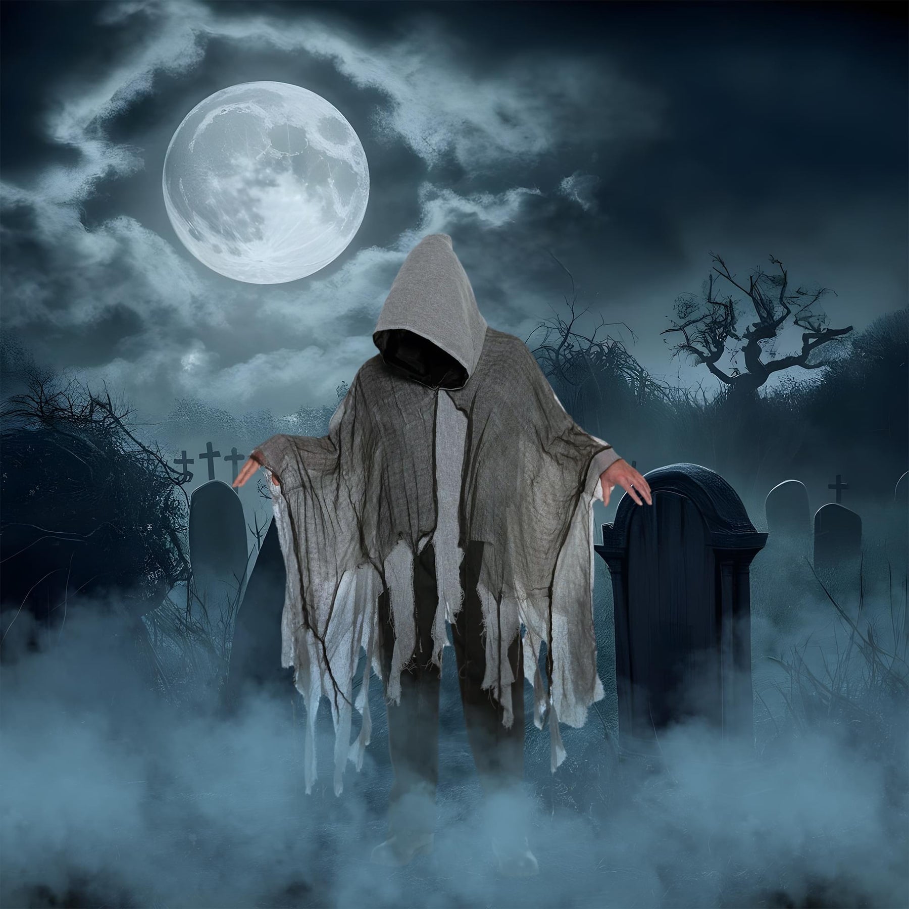 Grey Shredded Phantom Adult Hooded Costume Cape | Standard