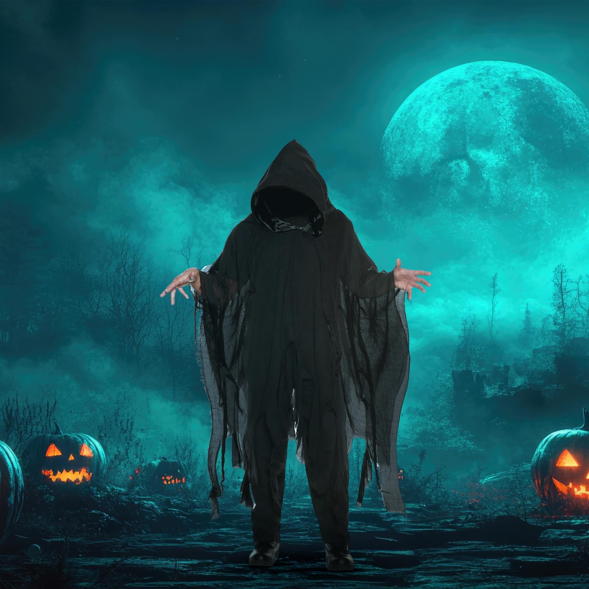 Black Shredded Phantom Adult Hooded Costume Cape | Standard