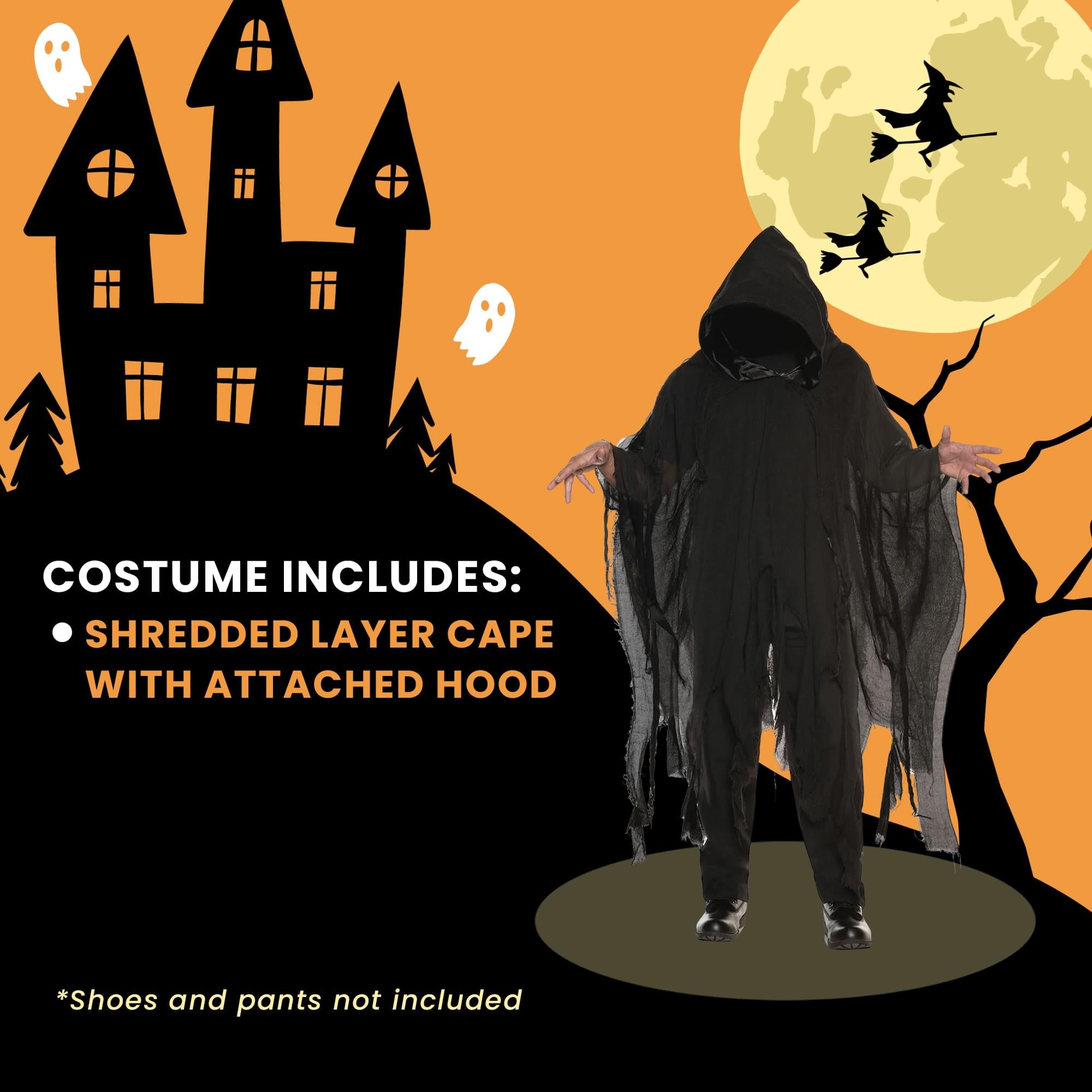 Black Shredded Phantom Adult Hooded Costume Cape | Standard