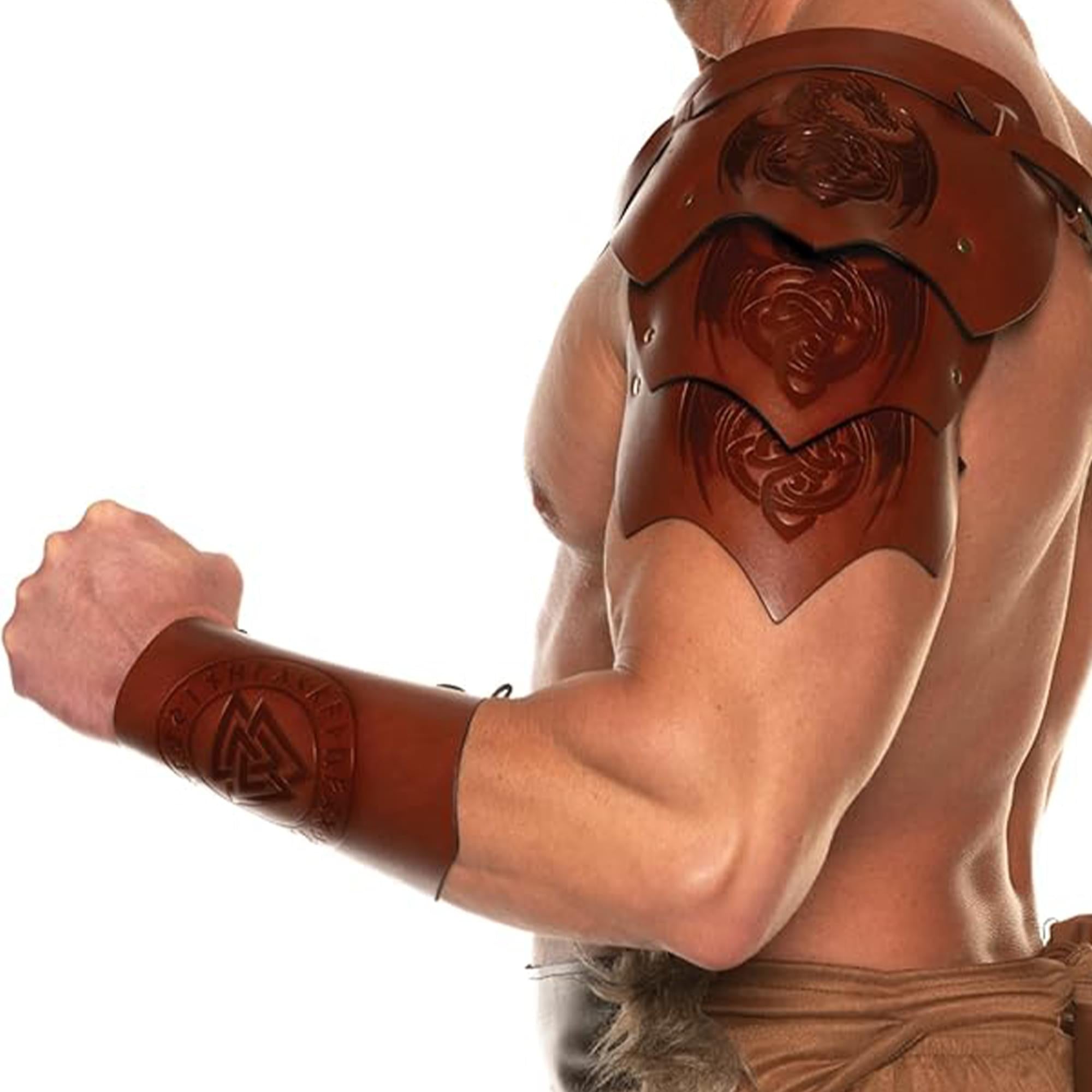 Dragon Warrior Faux Leather Shoulder Pauldrons Adult Costume Accessory | Brown