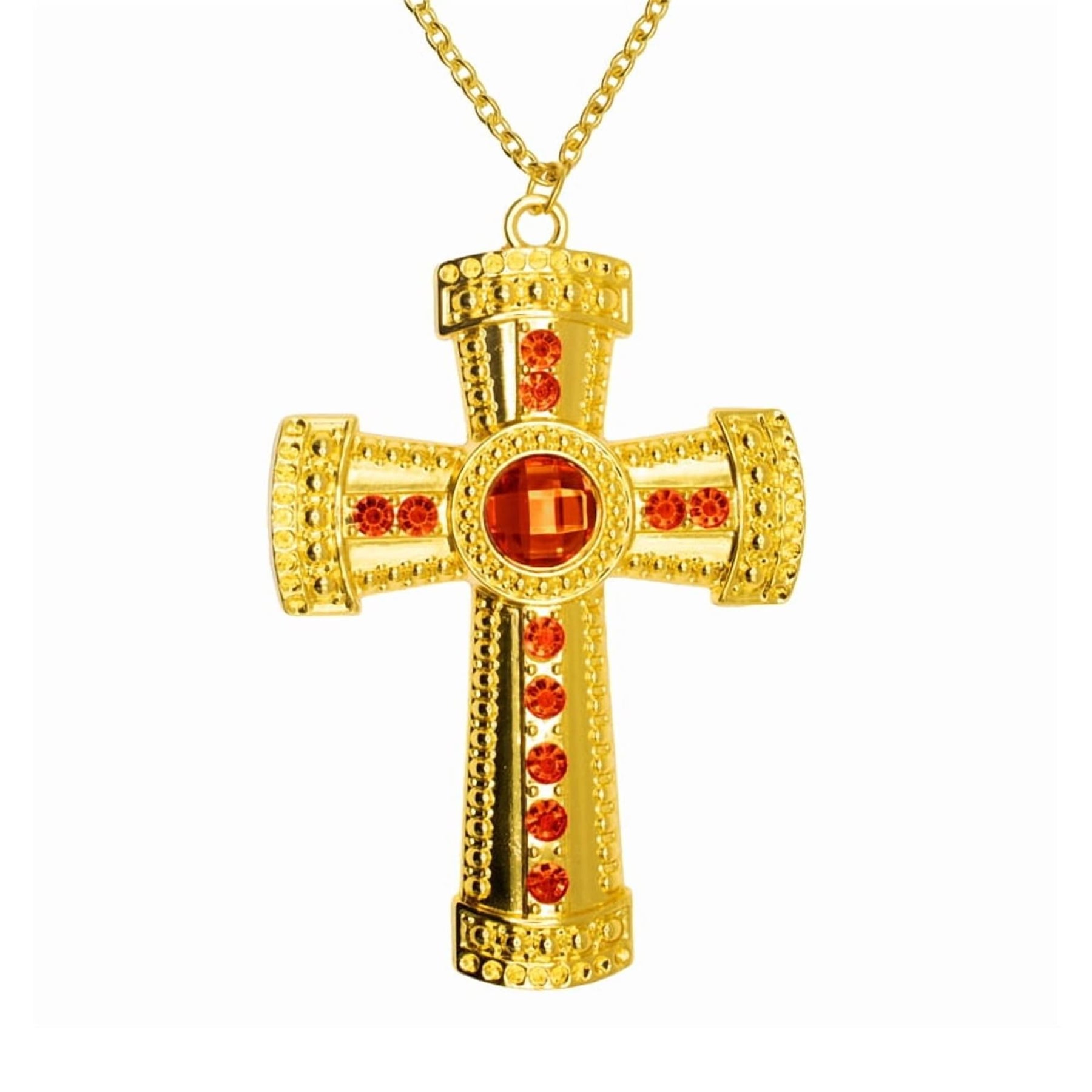 Gold Cross Necklace With Red Jewels Adult Costume Accessory