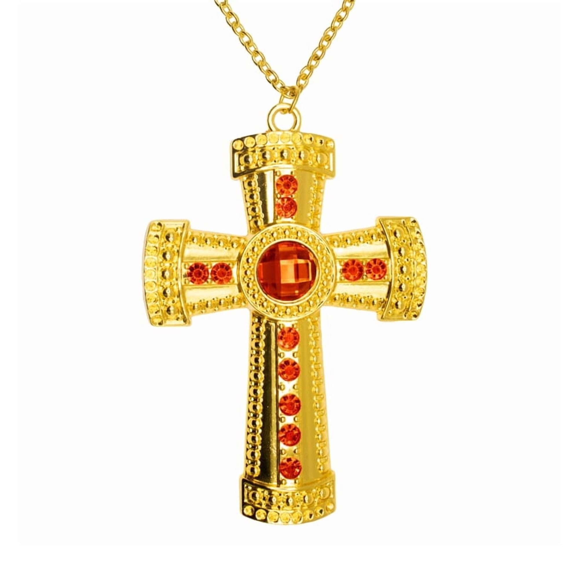 Gold Cross Necklace With Red Jewels Adult Costume Accessory