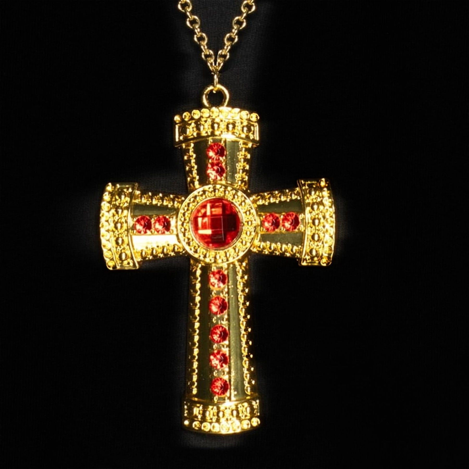 Gold Cross Necklace With Red Jewels Adult Costume Accessory