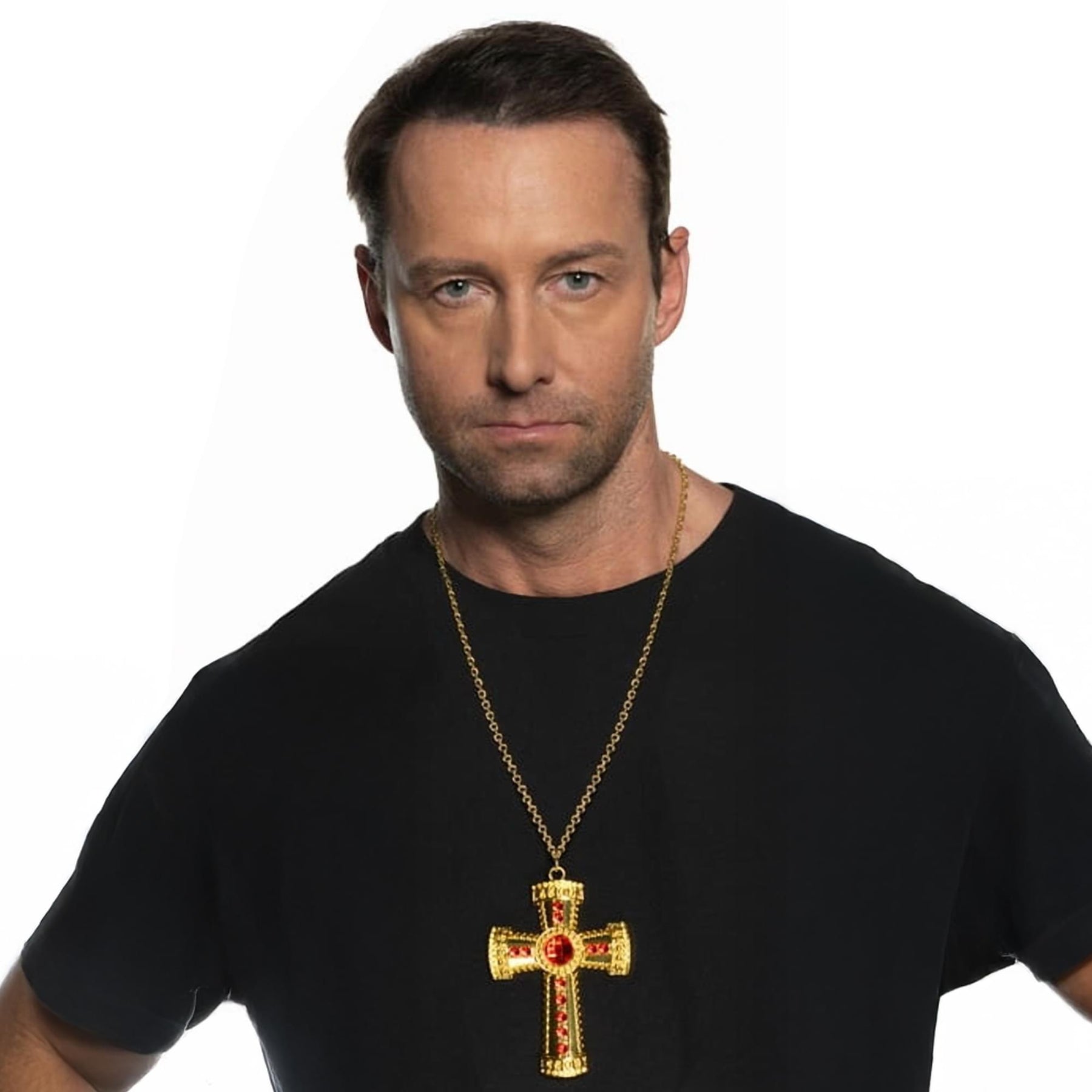 Gold Cross Necklace With Red Jewels Adult Costume Accessory