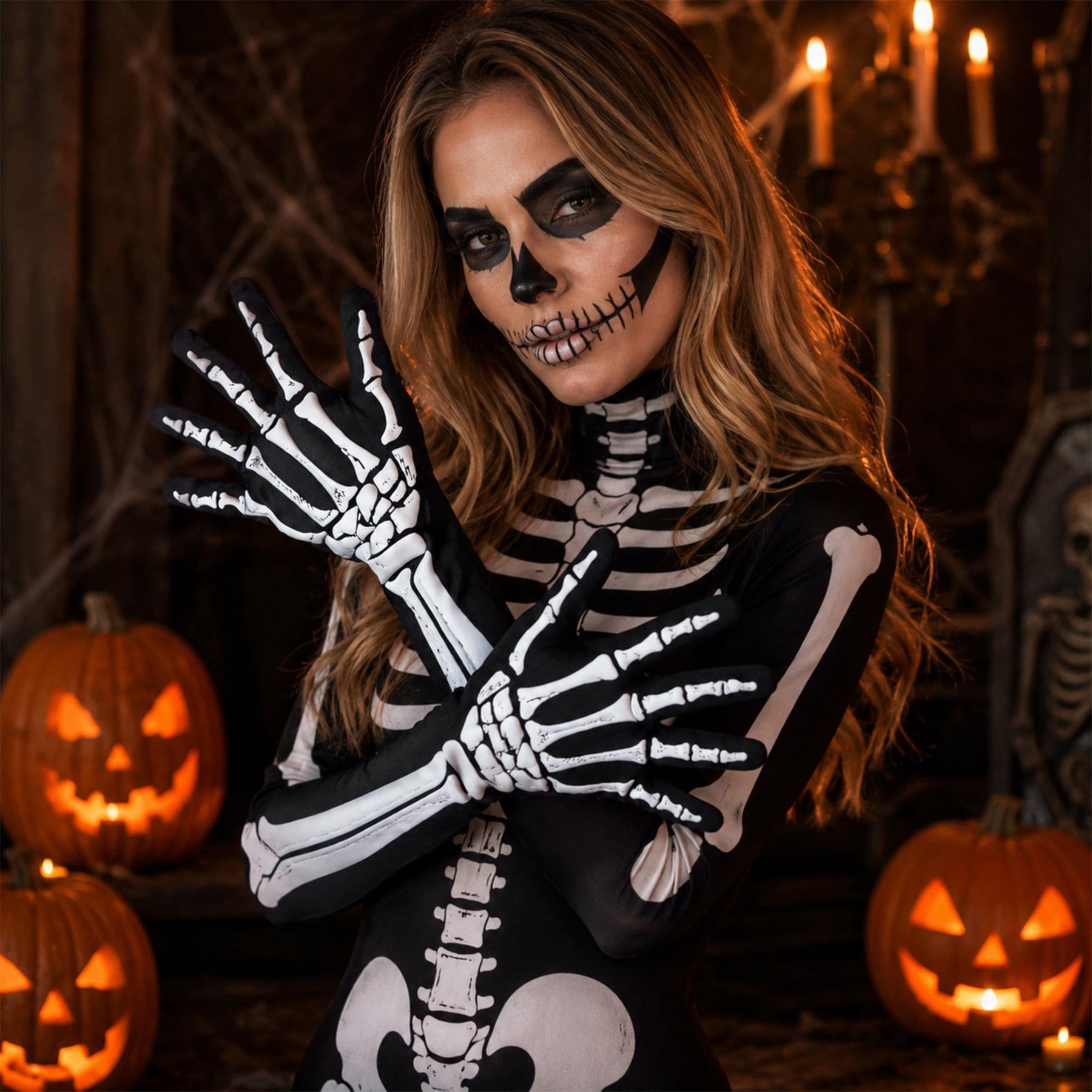 Double-Sided Skeleton Elbow Length Adult Costume Gloves | One Size
