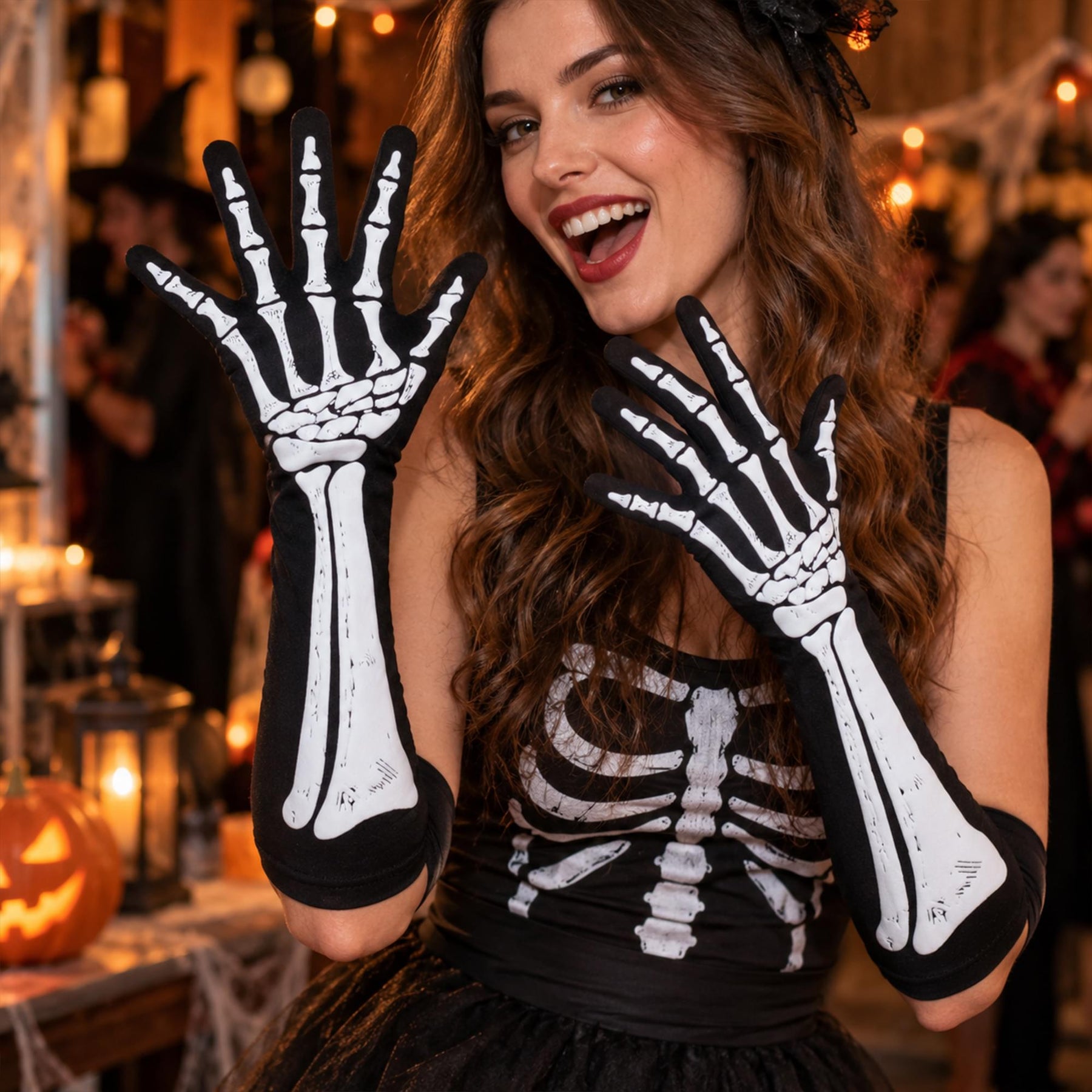 Double-Sided Skeleton Elbow Length Adult Costume Gloves | One Size