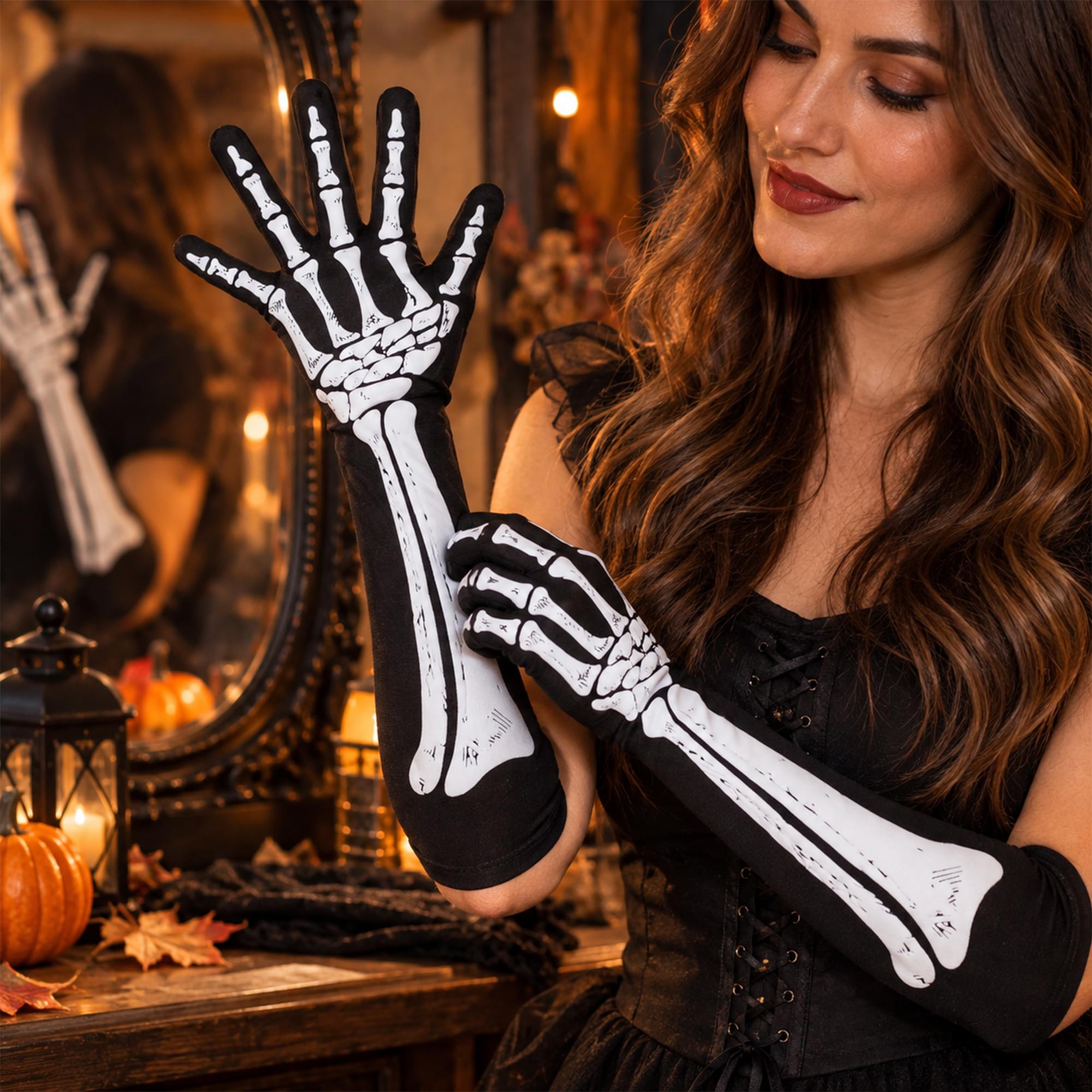 Double-Sided Skeleton Elbow Length Adult Costume Gloves | One Size