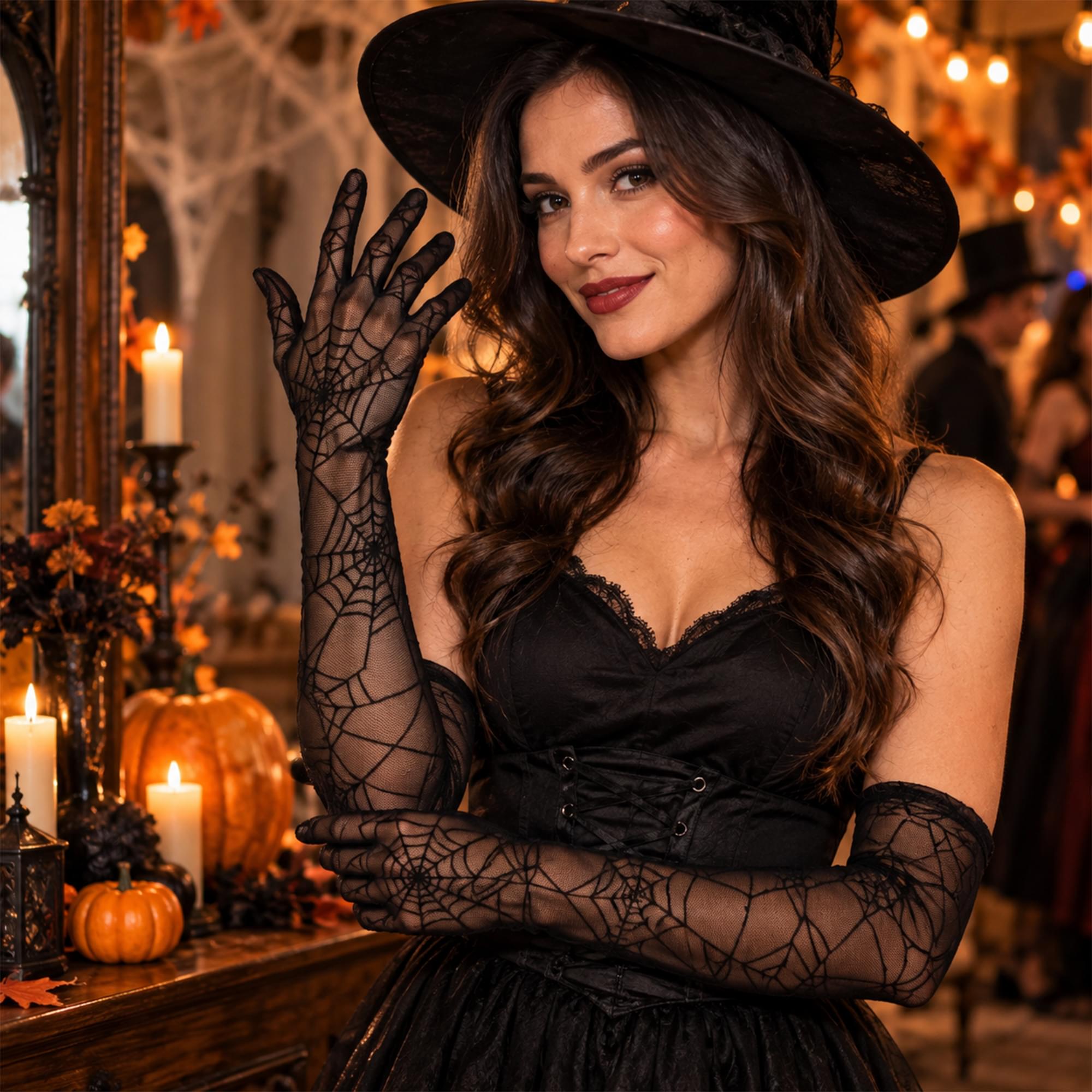 Spiderweb Lace Elbow Length Adult Costume Gloves | One Size