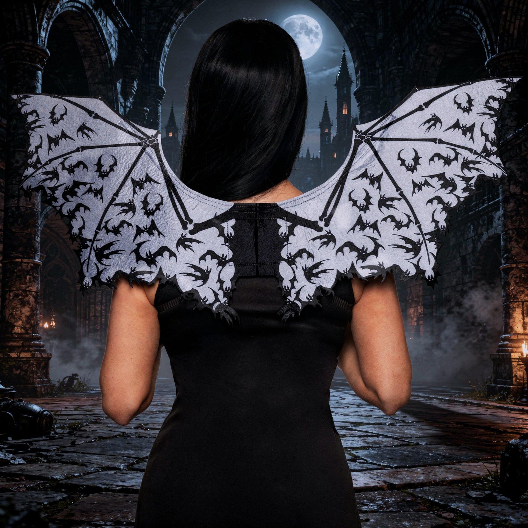 Silver Bat Wings with Bat Print Adult Costume Accessory | One Size