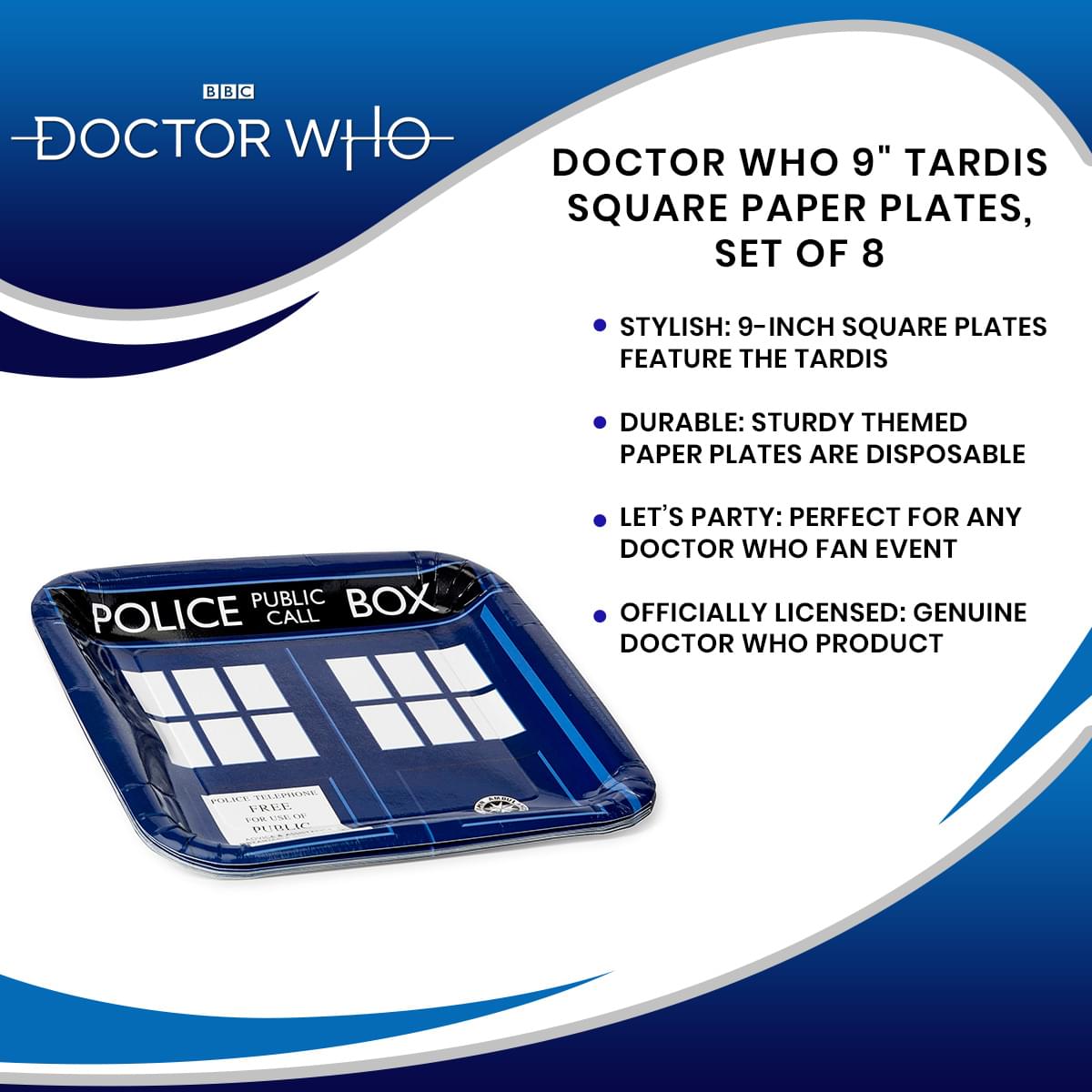 Doctor Who 9" TARDIS Square Paper Plates, Set of 8