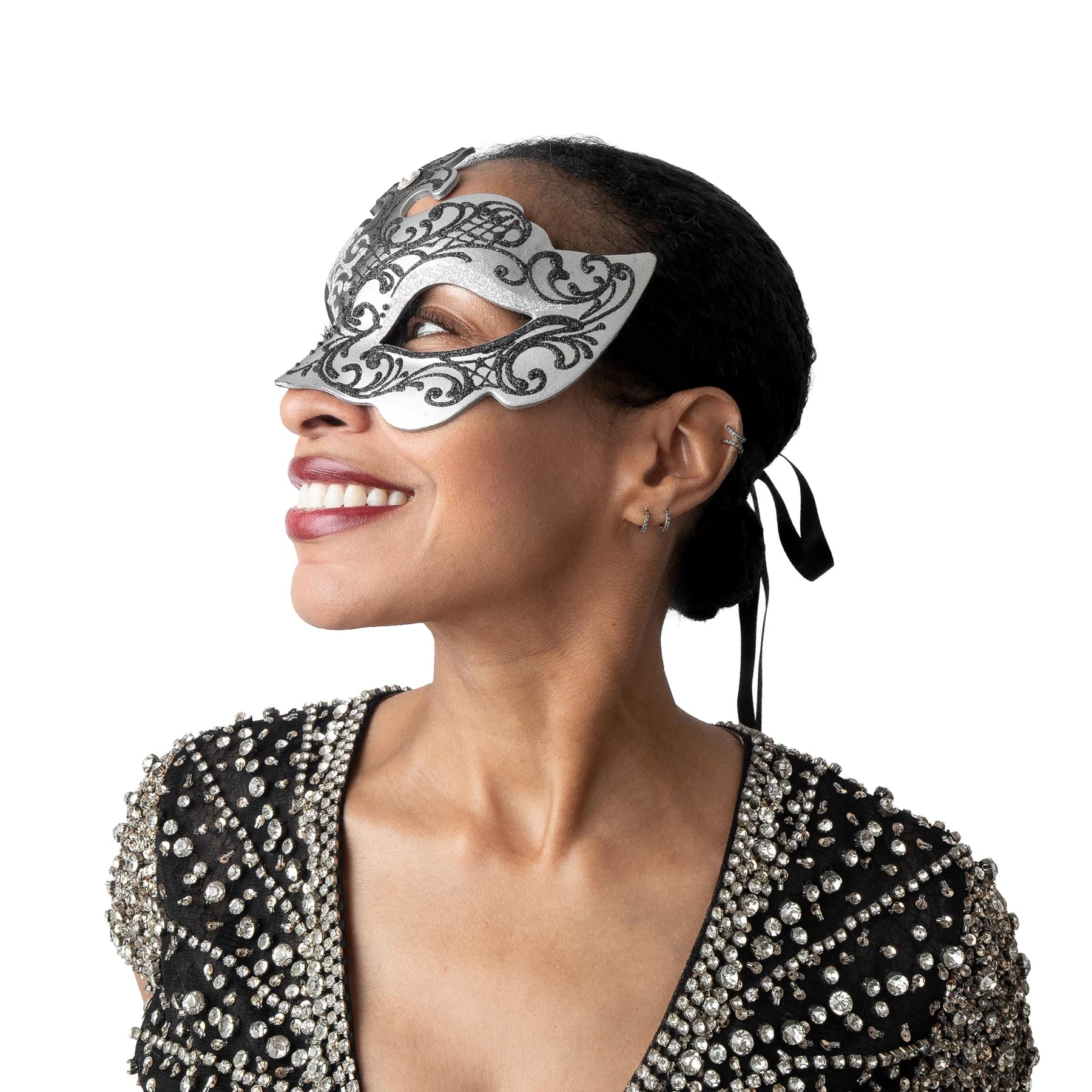 Farfallina Adult Costume Masquerade Mask | Black/Silver