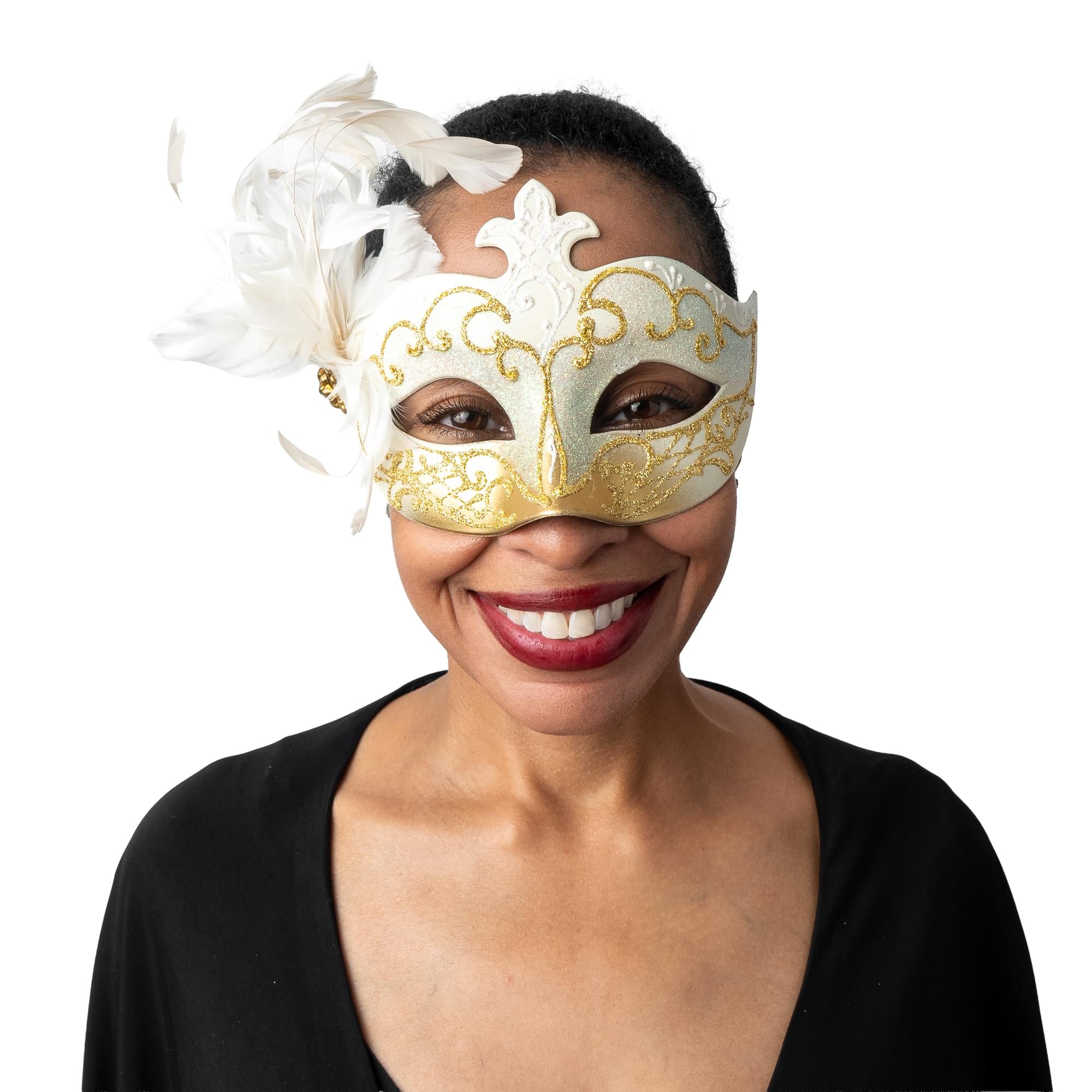 Farfallina Adult Costume Masquerade Mask With Side Feather | White/Gold