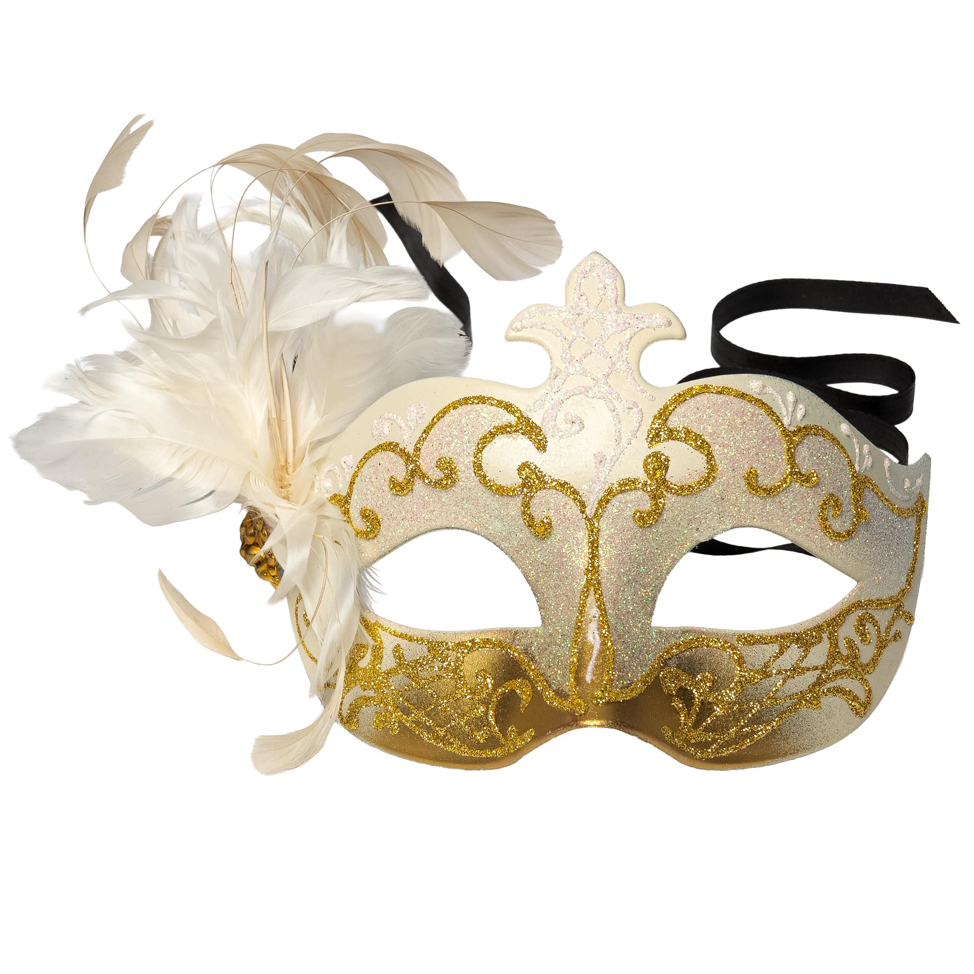 Farfallina Adult Costume Masquerade Mask With Side Feather | White/Gold