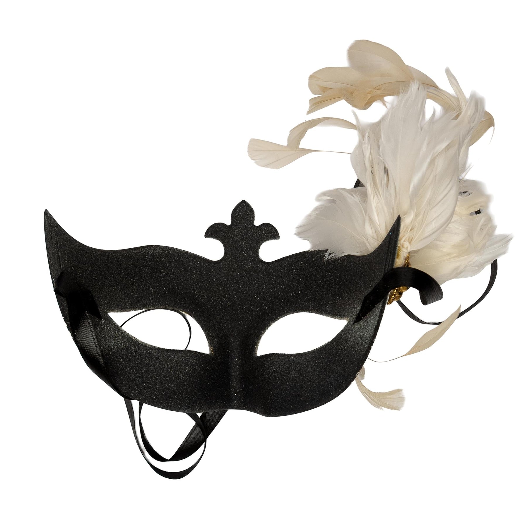 Farfallina Adult Costume Masquerade Mask With Side Feather | White/Gold