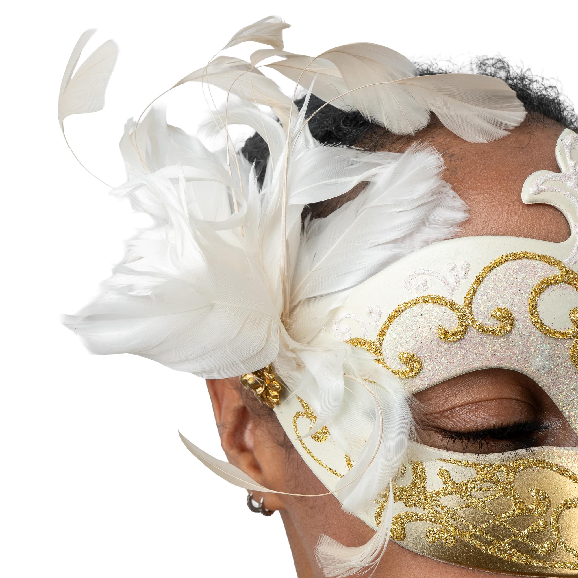 Farfallina Adult Costume Masquerade Mask With Side Feather | White/Gold