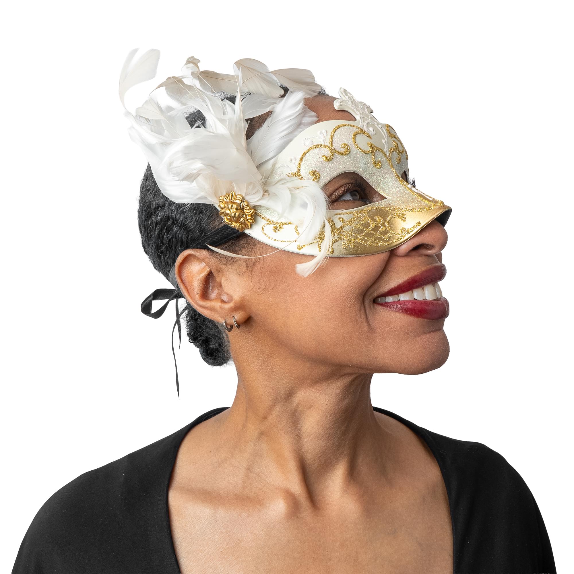 Farfallina Adult Costume Masquerade Mask With Side Feather | White/Gold