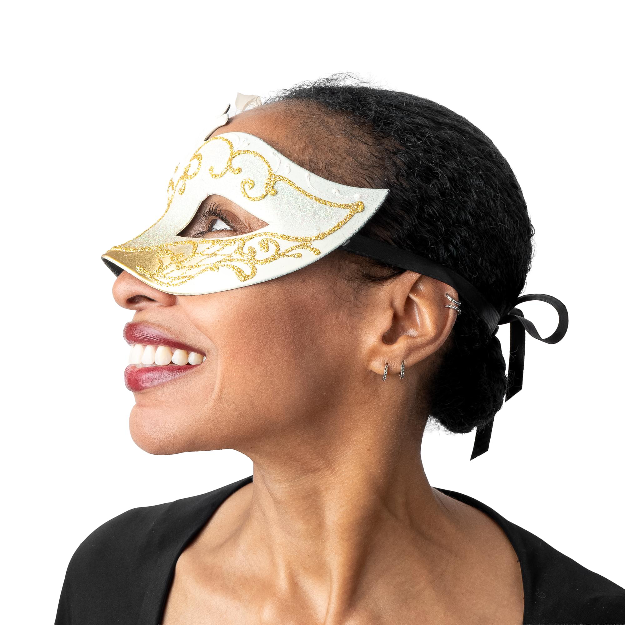 Farfallina Adult Costume Masquerade Mask With Side Feather | White/Gold