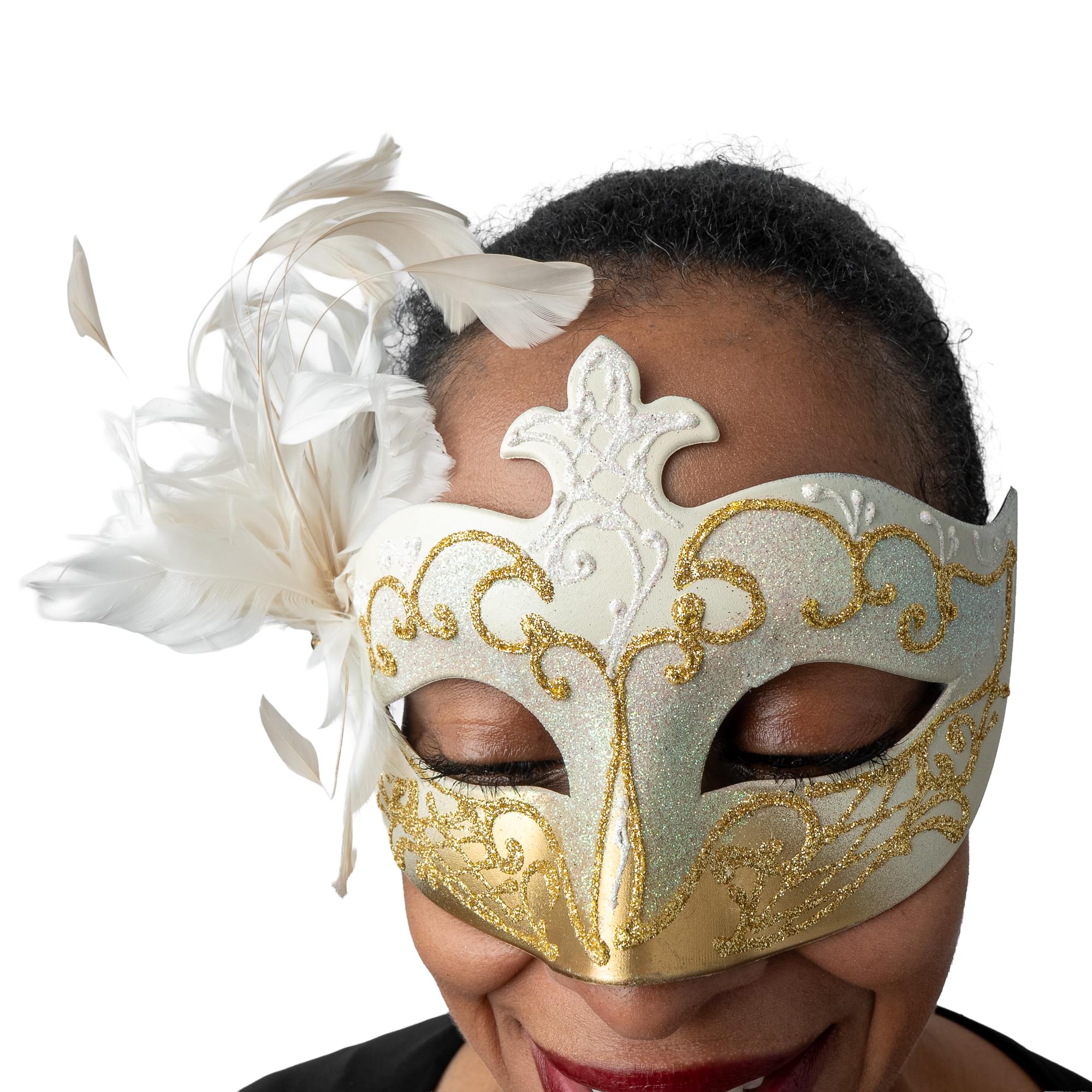 Farfallina Adult Costume Masquerade Mask With Side Feather | White/Gold
