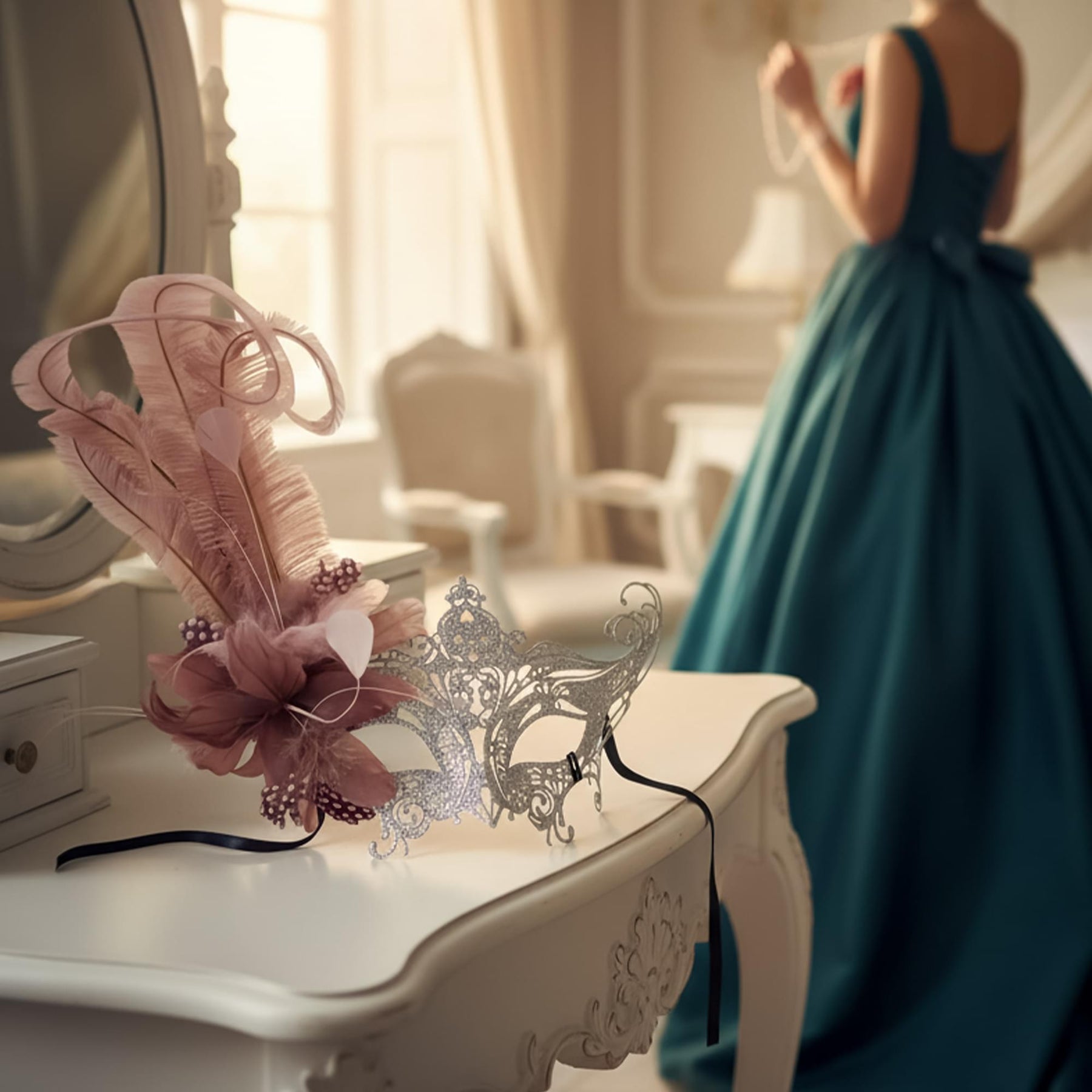 Silver Glitter Metal Feather Masquerade Adult Costume