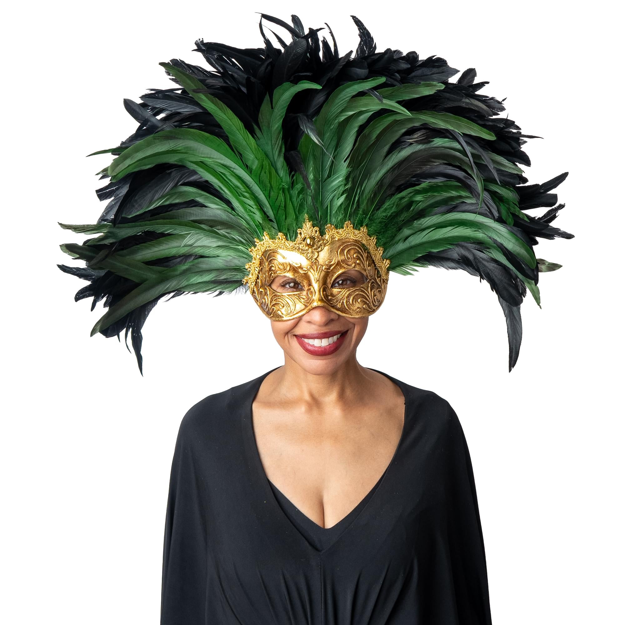 Farfallina Adult Costume Masquerade Mask With Green Feathers | Gold