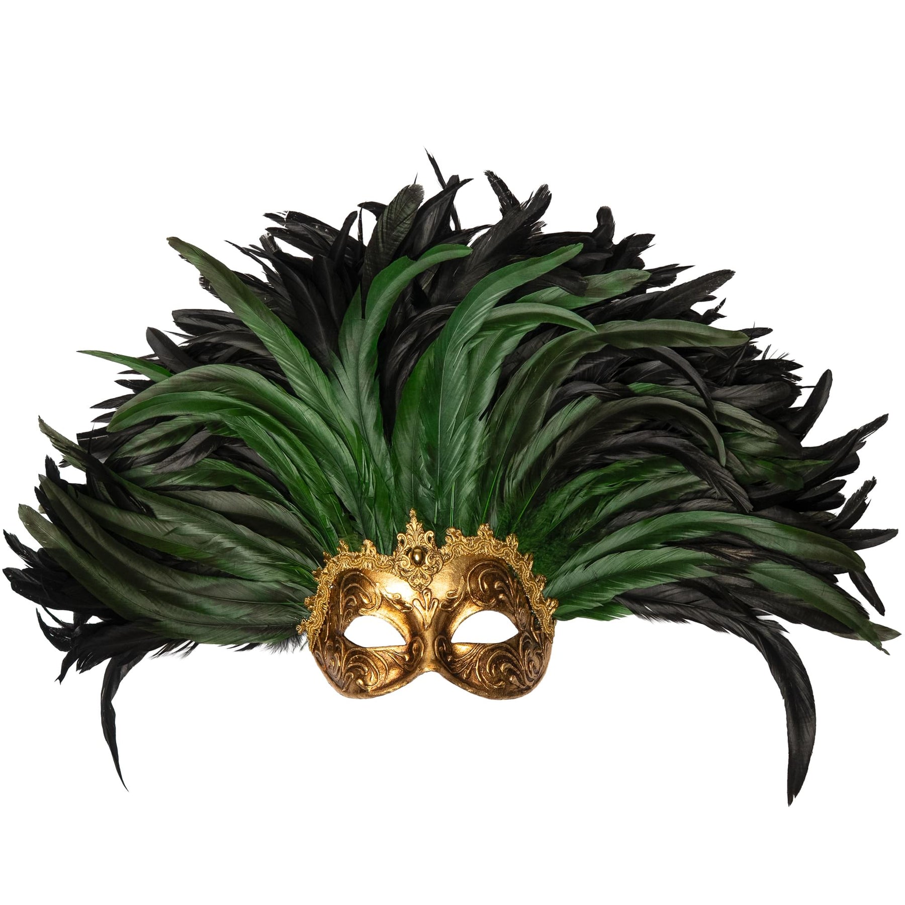 Farfallina Adult Costume Masquerade Mask With Green Feathers | Gold
