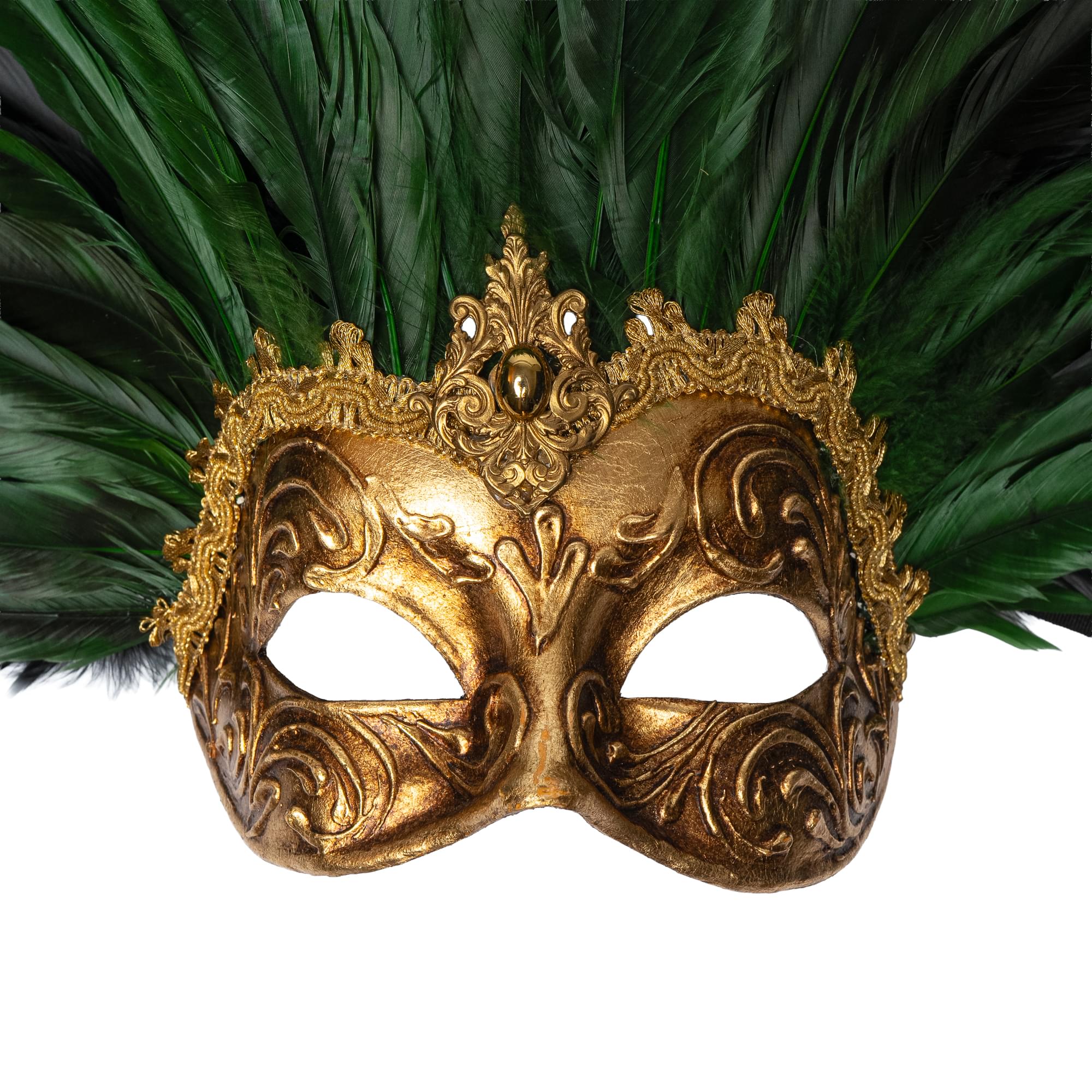 Farfallina Adult Costume Masquerade Mask With Green Feathers | Gold