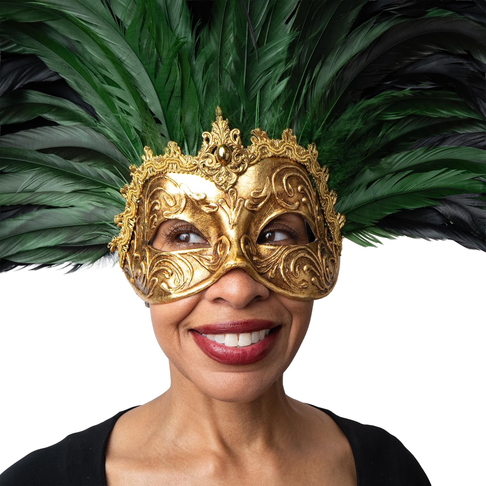 Farfallina Adult Costume Masquerade Mask With Green Feathers | Gold