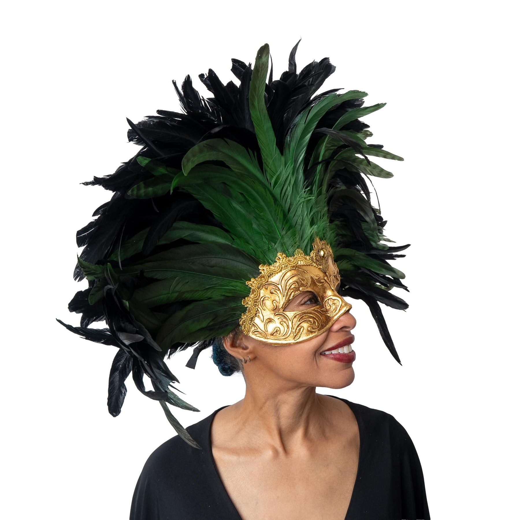 Farfallina Adult Costume Masquerade Mask With Green Feathers | Gold