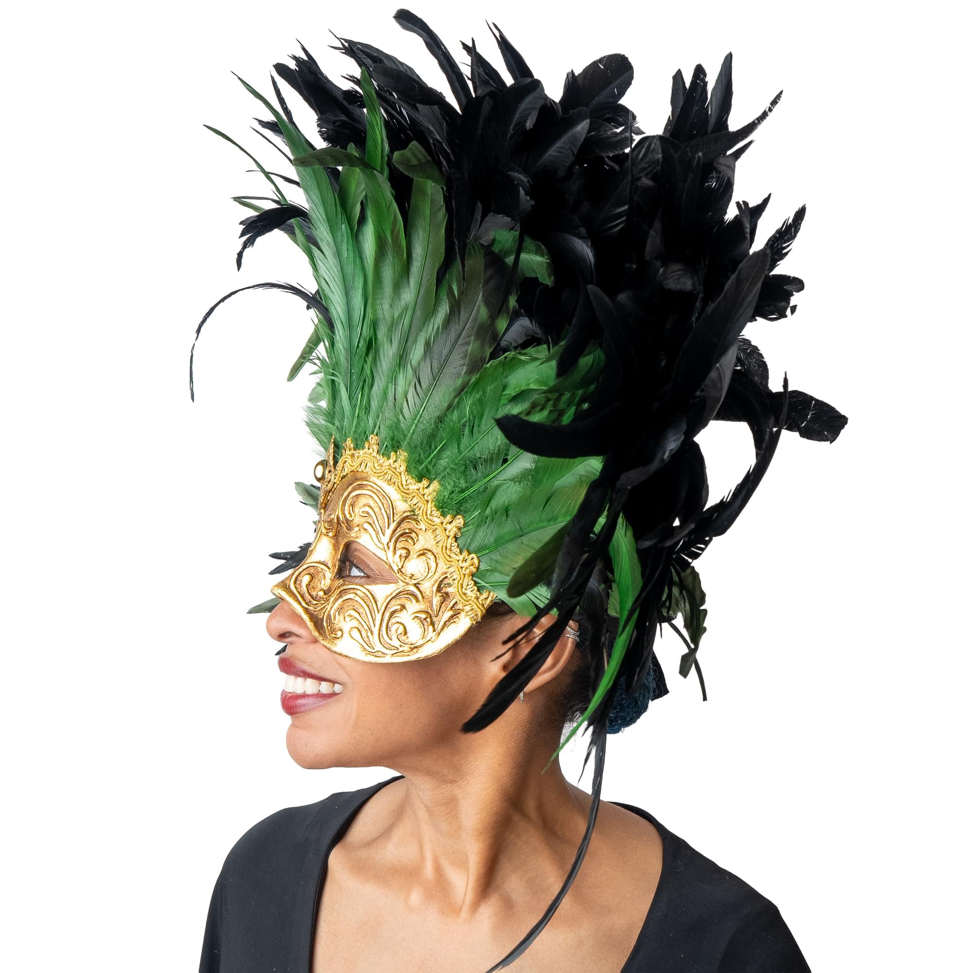 Farfallina Adult Costume Masquerade Mask With Green Feathers | Gold