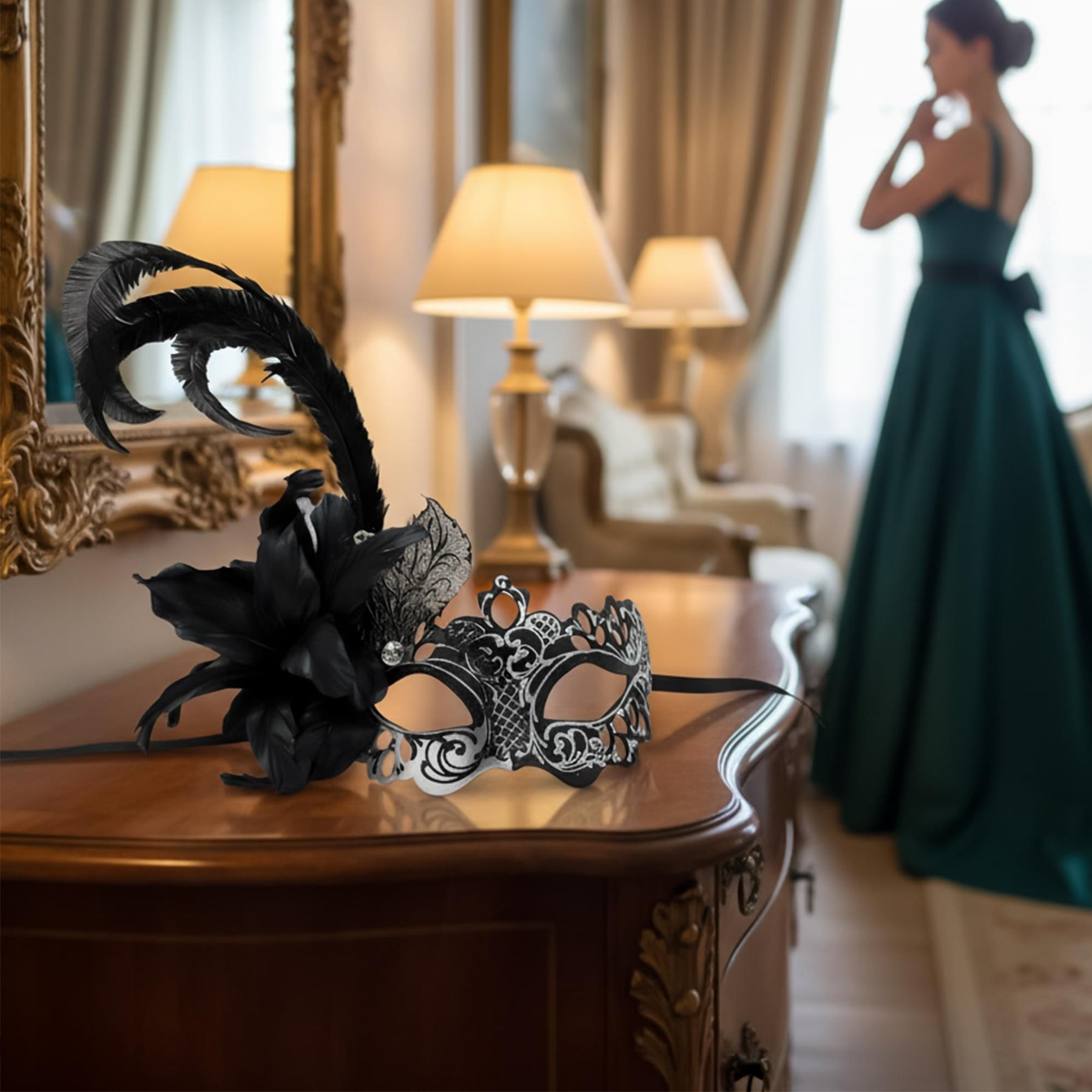 Silver/black Farfallina Feather Mask Costume Accessory
