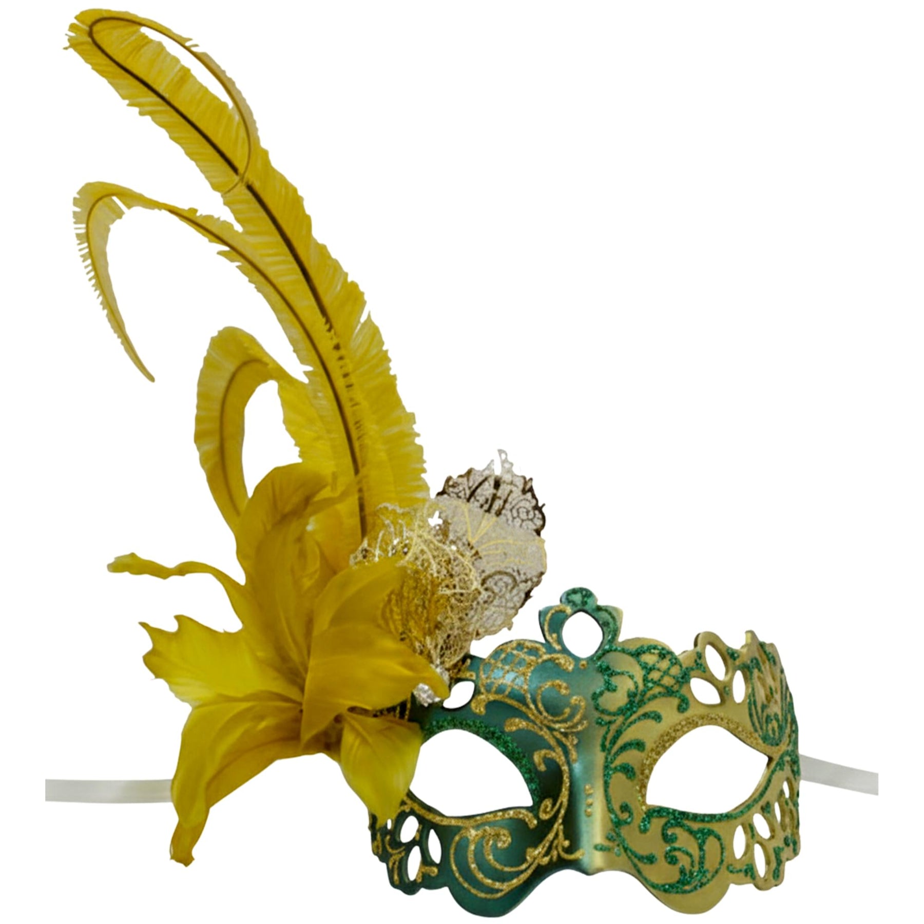 Green/gold Farfallina Feather Mask Costume Accessory