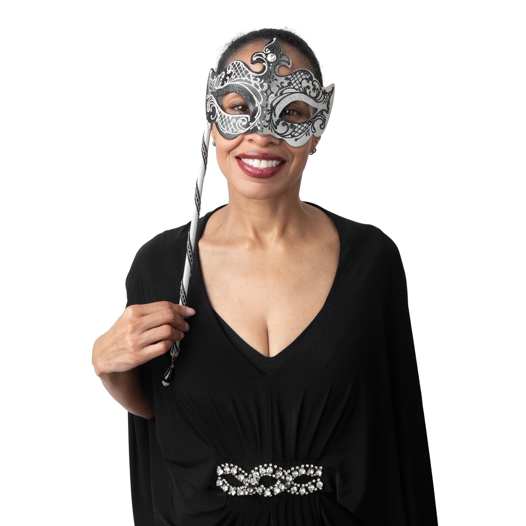 Farfallina Adult Costume Masquerade Mask On Stick | Black/Silver