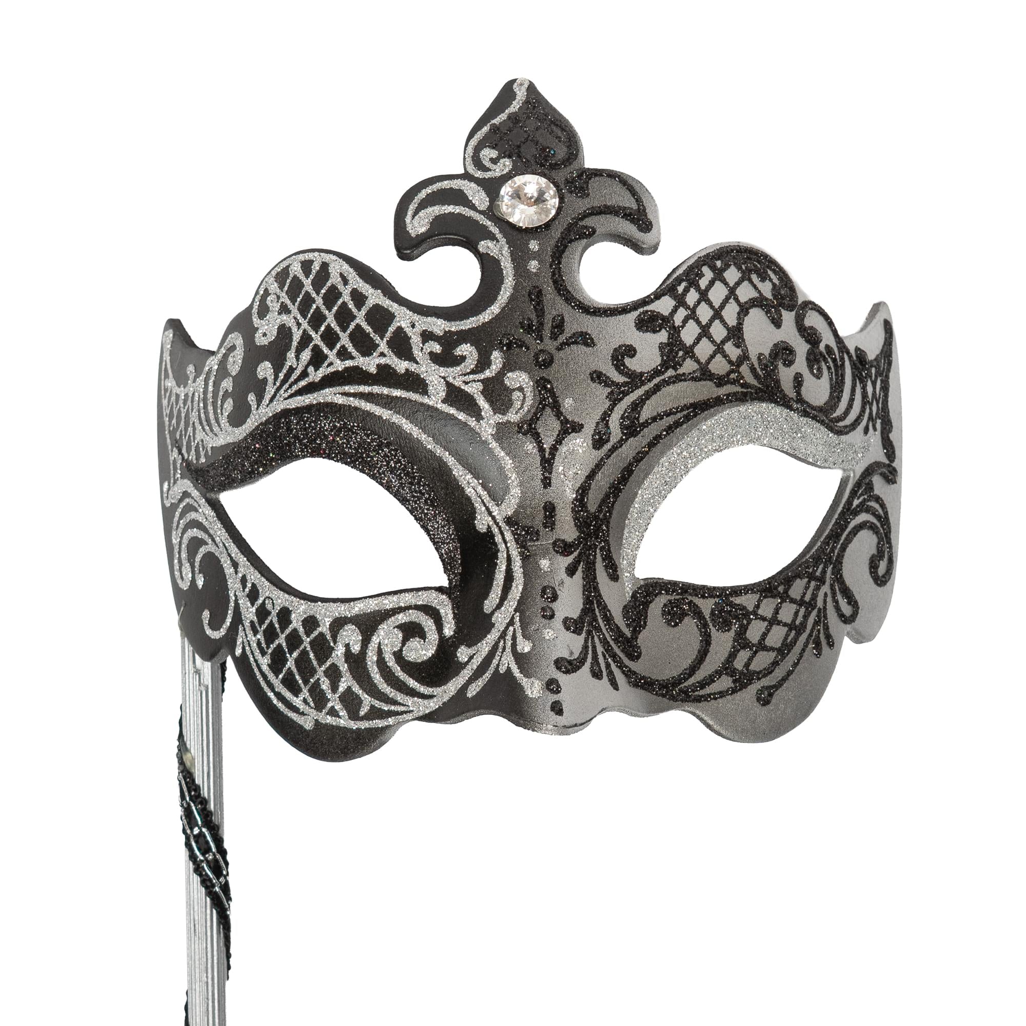 Farfallina Adult Costume Masquerade Mask On Stick | Black/Silver