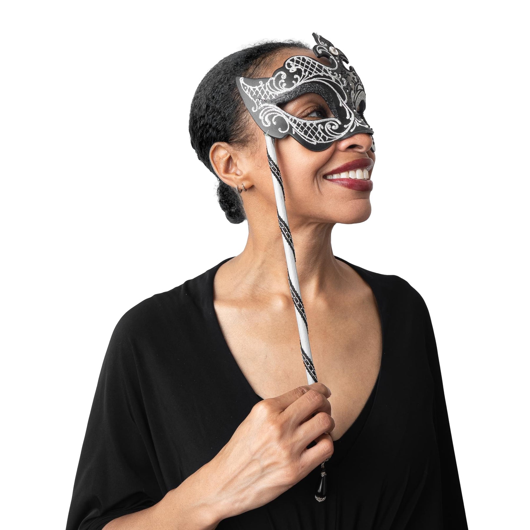 Farfallina Adult Costume Masquerade Mask On Stick | Black/Silver