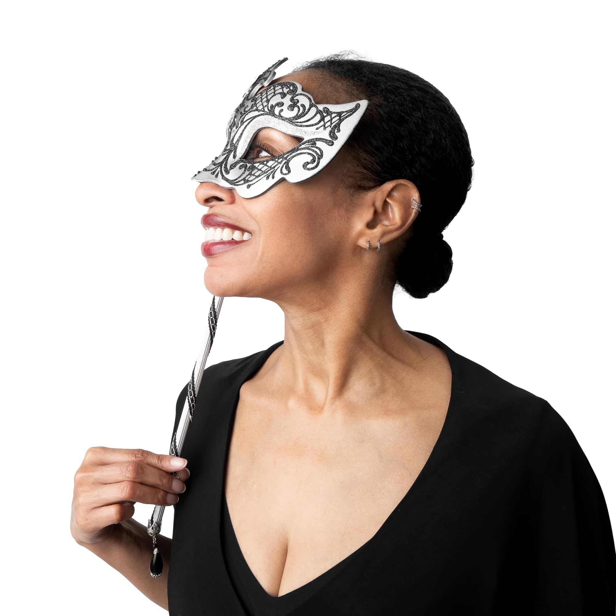 Farfallina Adult Costume Masquerade Mask On Stick | Black/Silver
