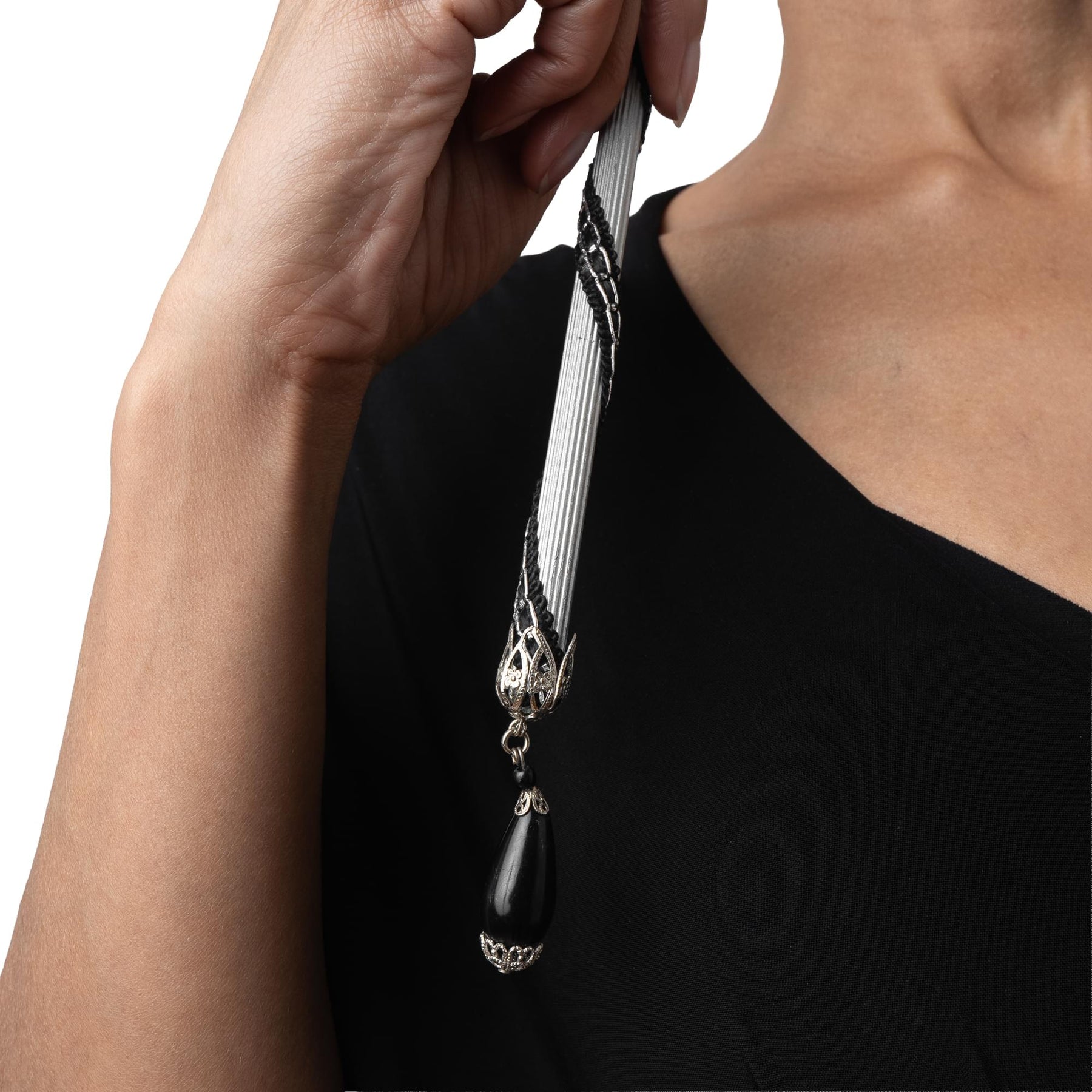 Farfallina Adult Costume Masquerade Mask On Stick | Black/Silver