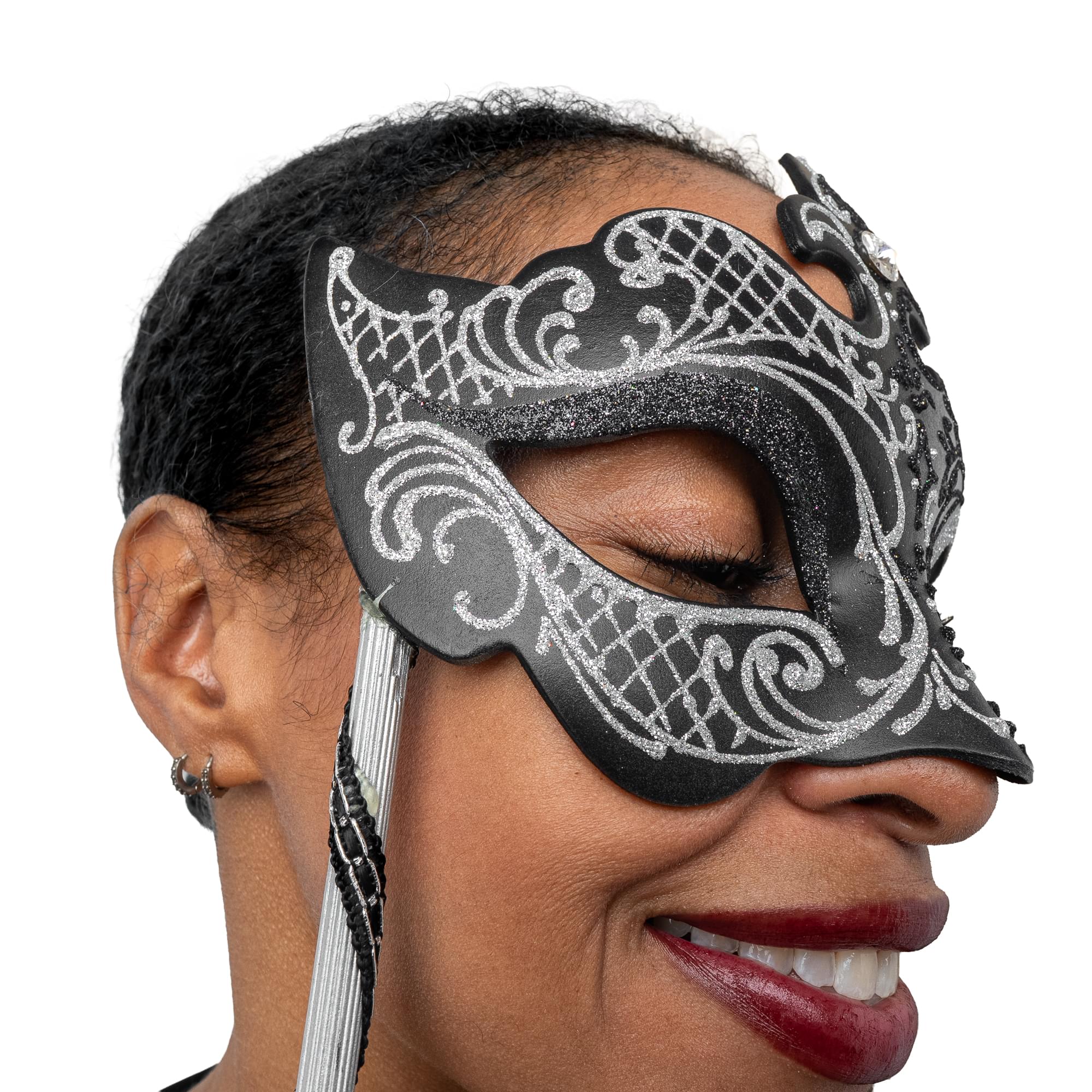 Farfallina Adult Costume Masquerade Mask On Stick | Black/Silver