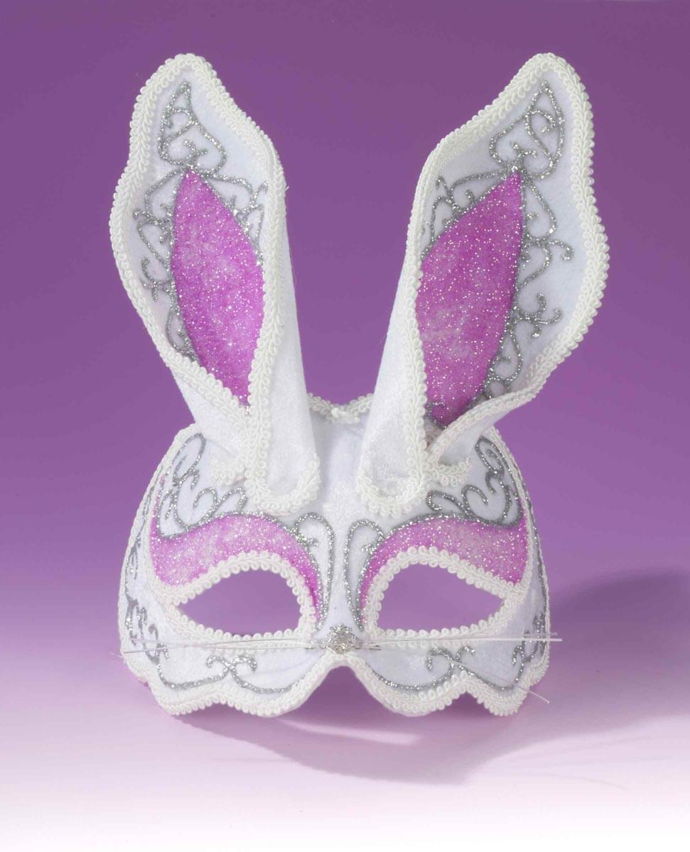 White And Pink Glamour Bunny Mardi Gras Costume 3/4 Mask